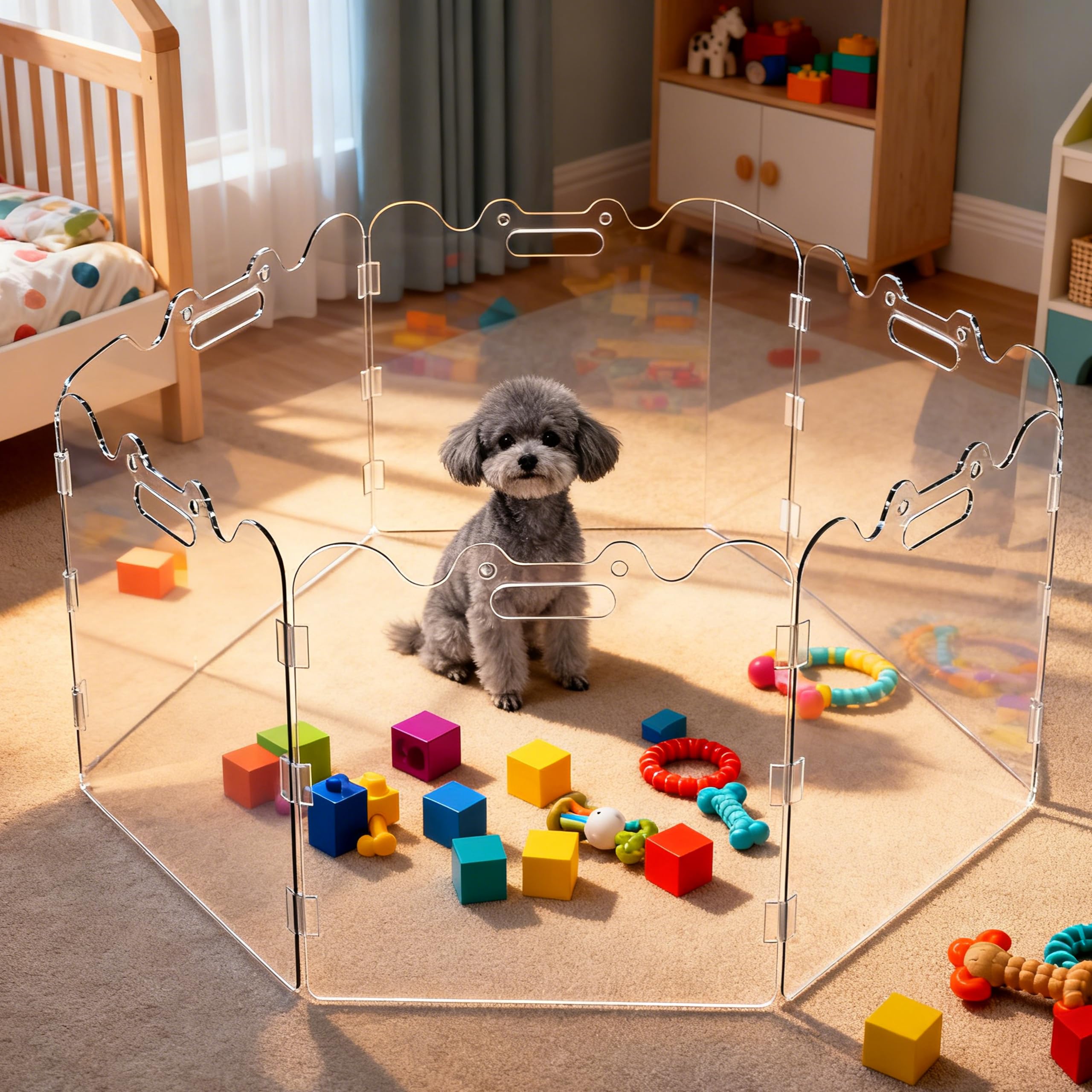 TSAYAWA Clear Acrylic Pet Gate used as doorway and stairs barrier to prevent escapes.