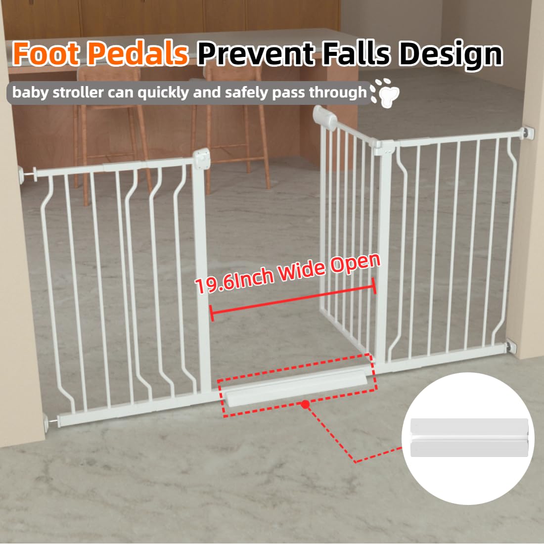 TSAYAWA large-opening gate illustrates compatibility with 25 to 76.37 inch spaces.