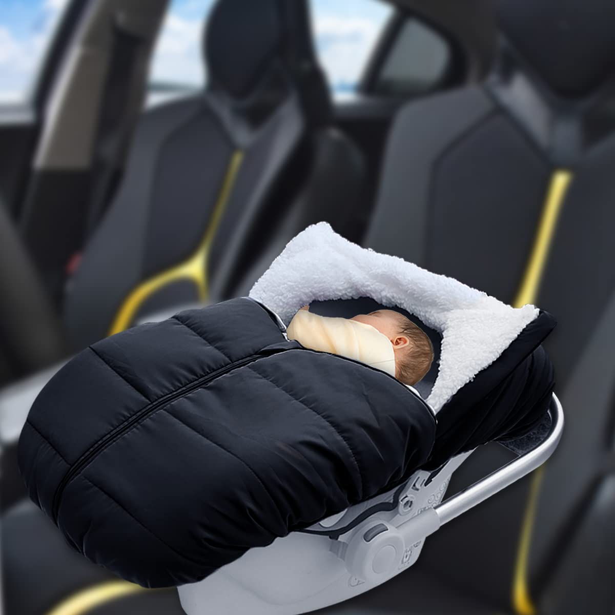 TSAYAWA Winter car seat cover machine-wash label illustrating cold-cycle cleaning.