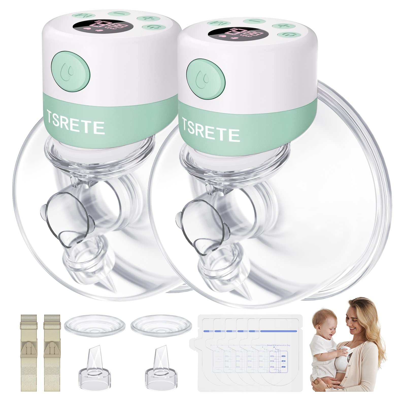 TSRETE double-wearable breast pump front view in green for hands-free pumping on the go.
