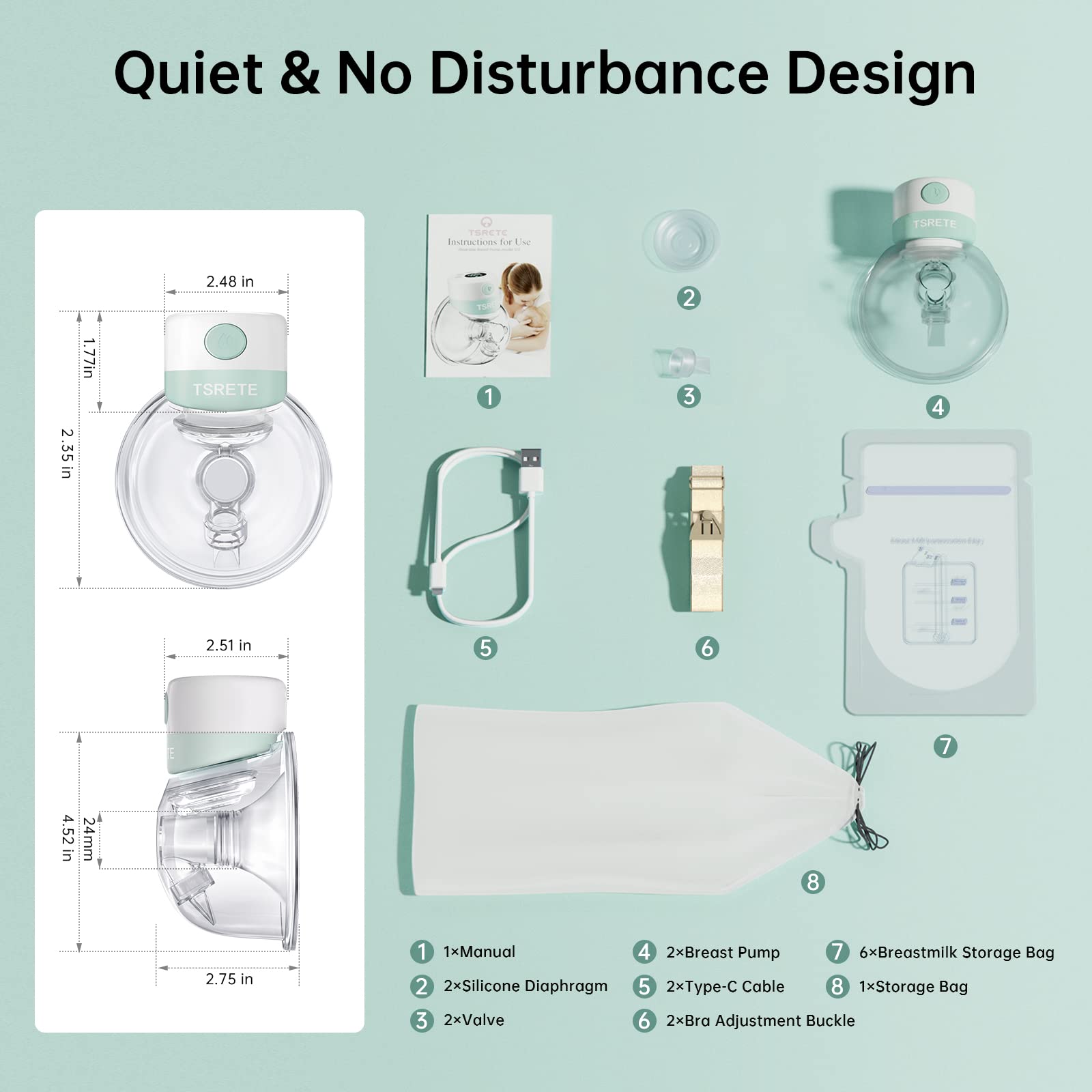 TSRETE double-wearable pump travel image shows USB charging for on-the-go pumping.
