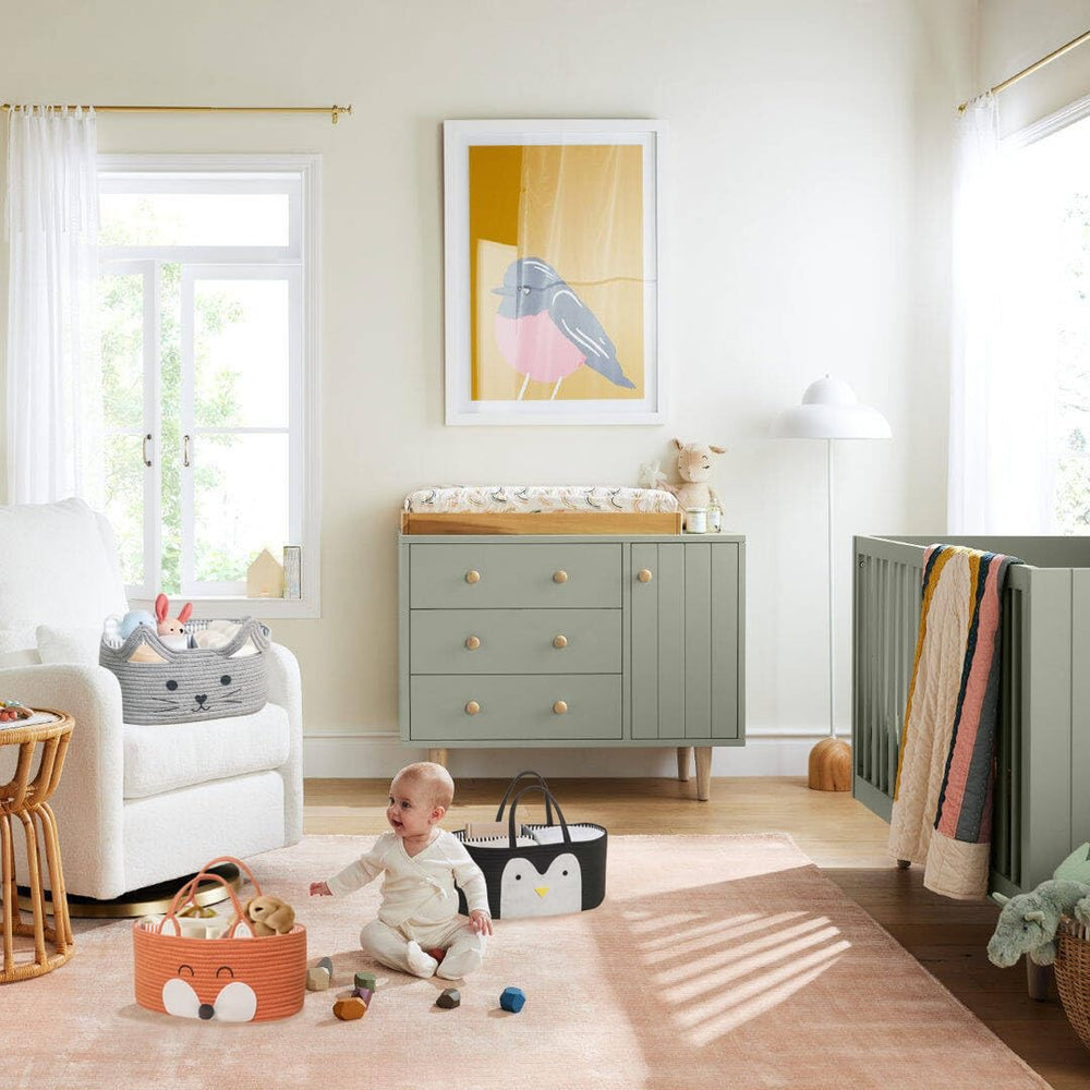 T&amp;T Homewares collapsible diaper caddy folds flat when not in use.