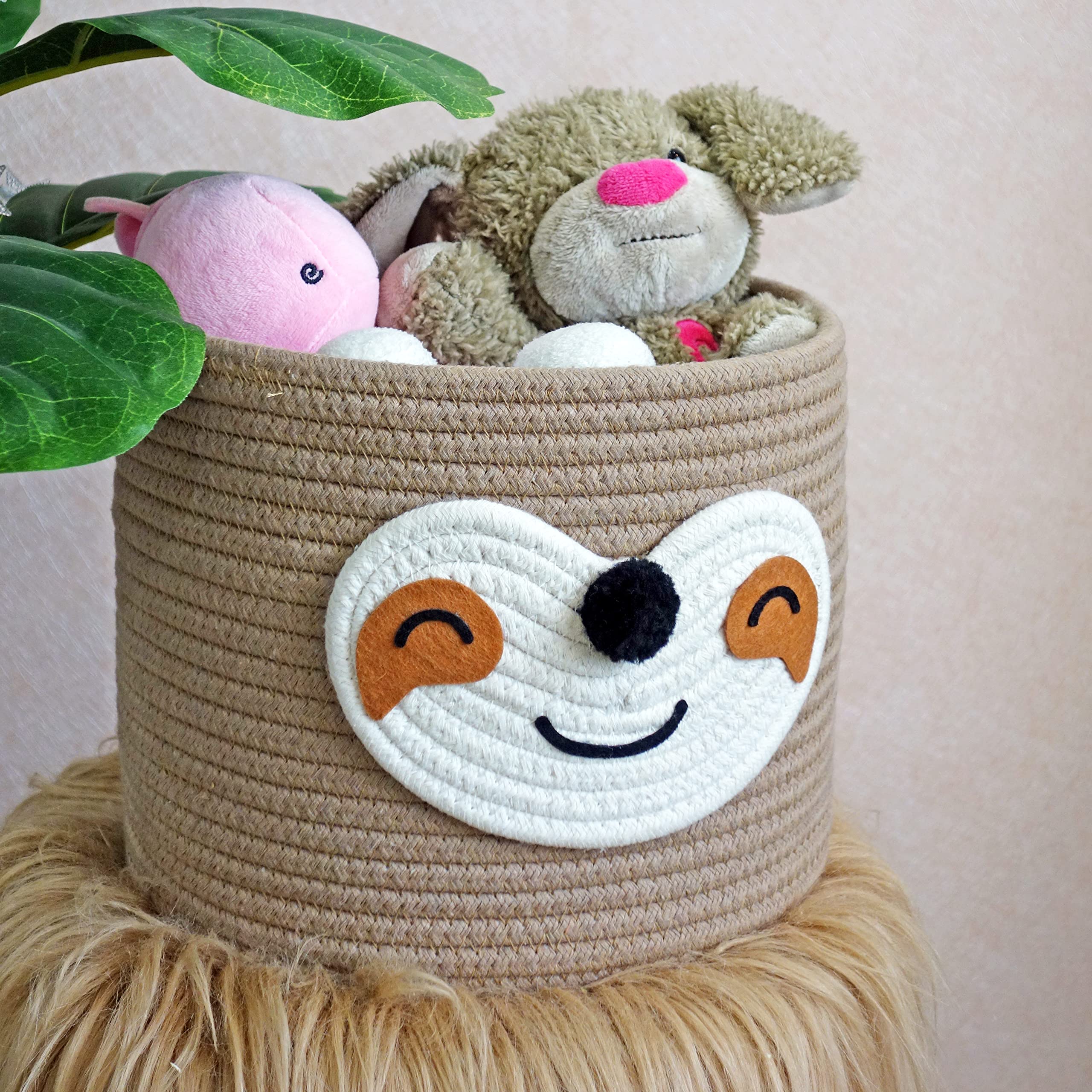 T&T Homewares small sloth baskets crafted with thick stitching for durable shelf storage.