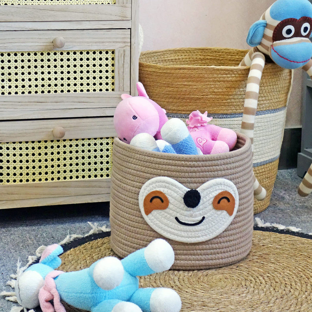 T&T Homewares small sloth baskets for kids room organizer simplify shelf organization and play space.