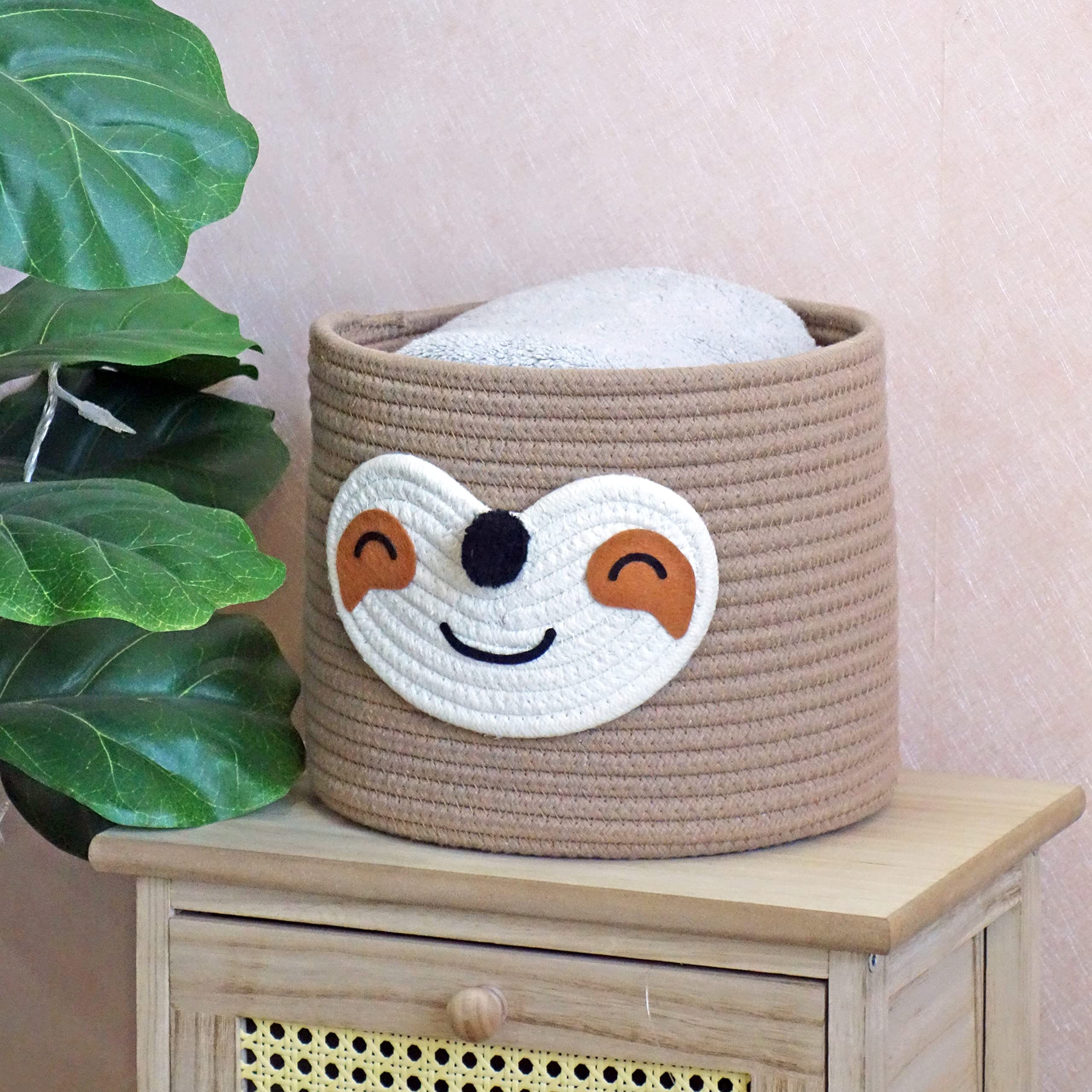 T&T Homewares small sloth baskets featuring a soft rope design fit bedside tables for quick-access items.