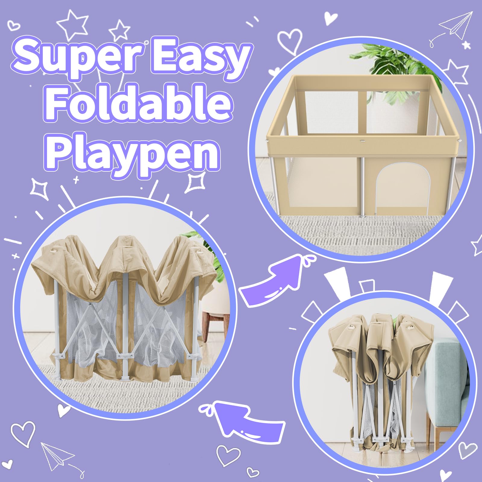 Ttottos foldable playpen beige folding feature supports quick storage after playtime.