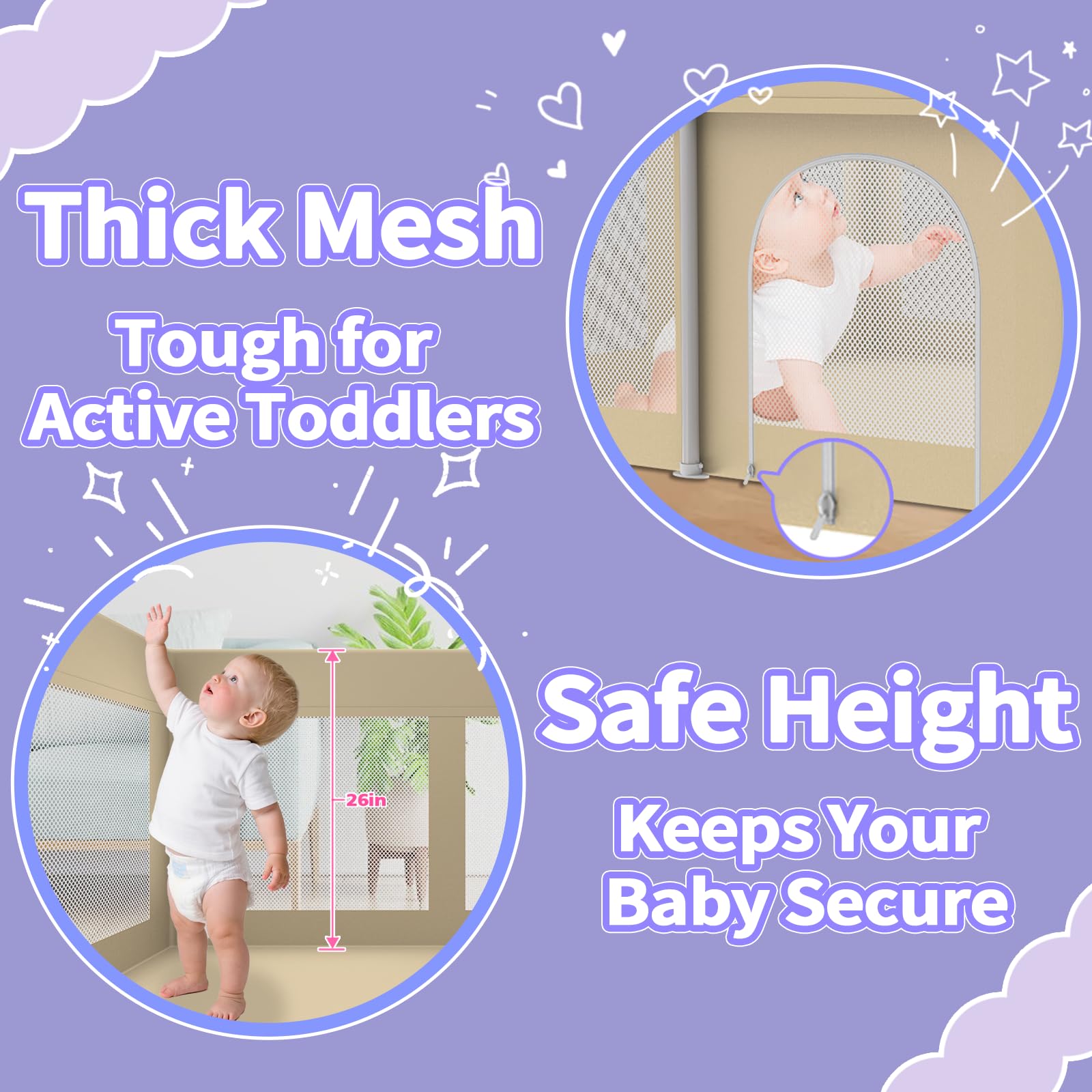 Ttottos foldable playpen beige mesh closeup shows durable safety mesh for active babies.