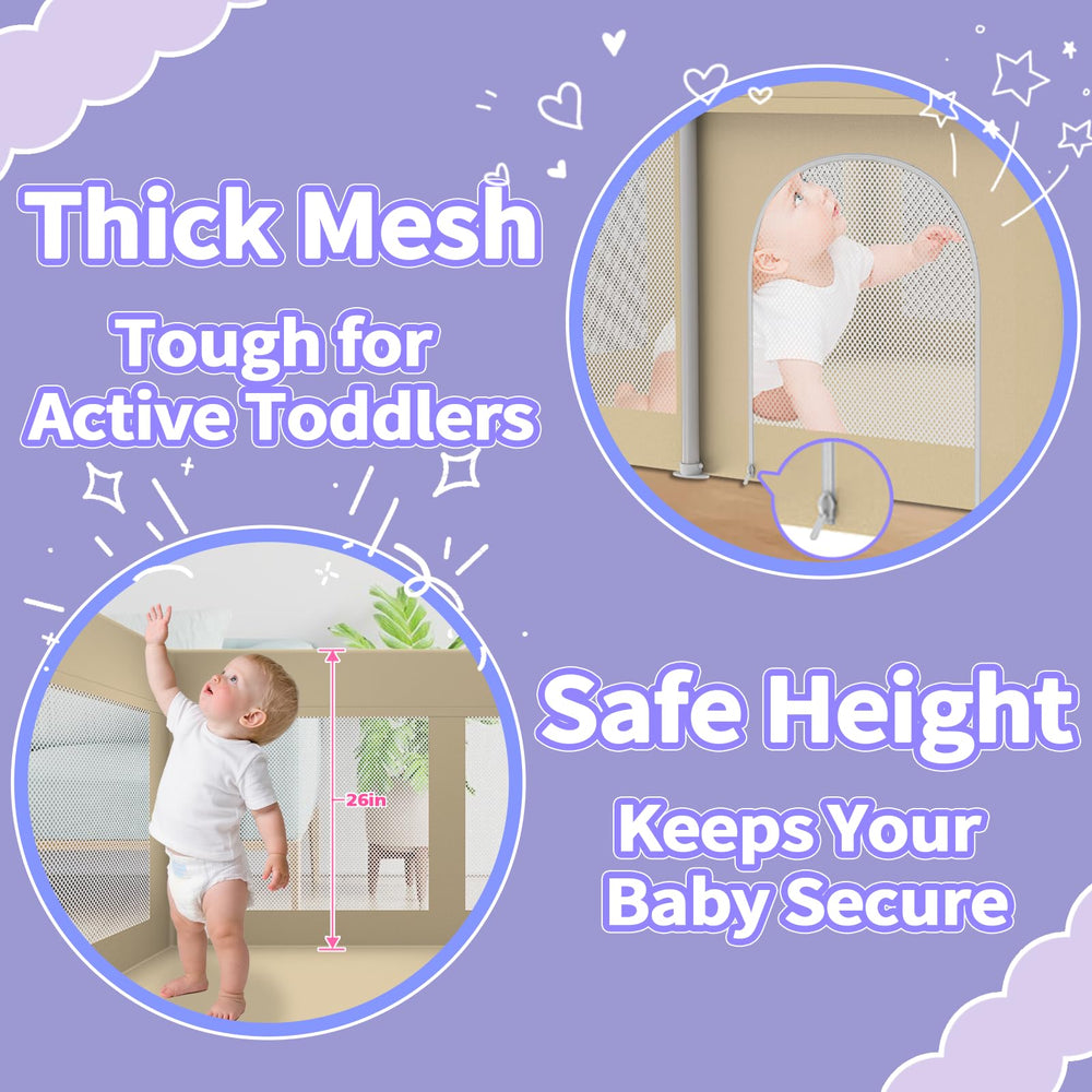 Ttottos foldable playpen beige mesh closeup shows durable safety mesh for active babies.