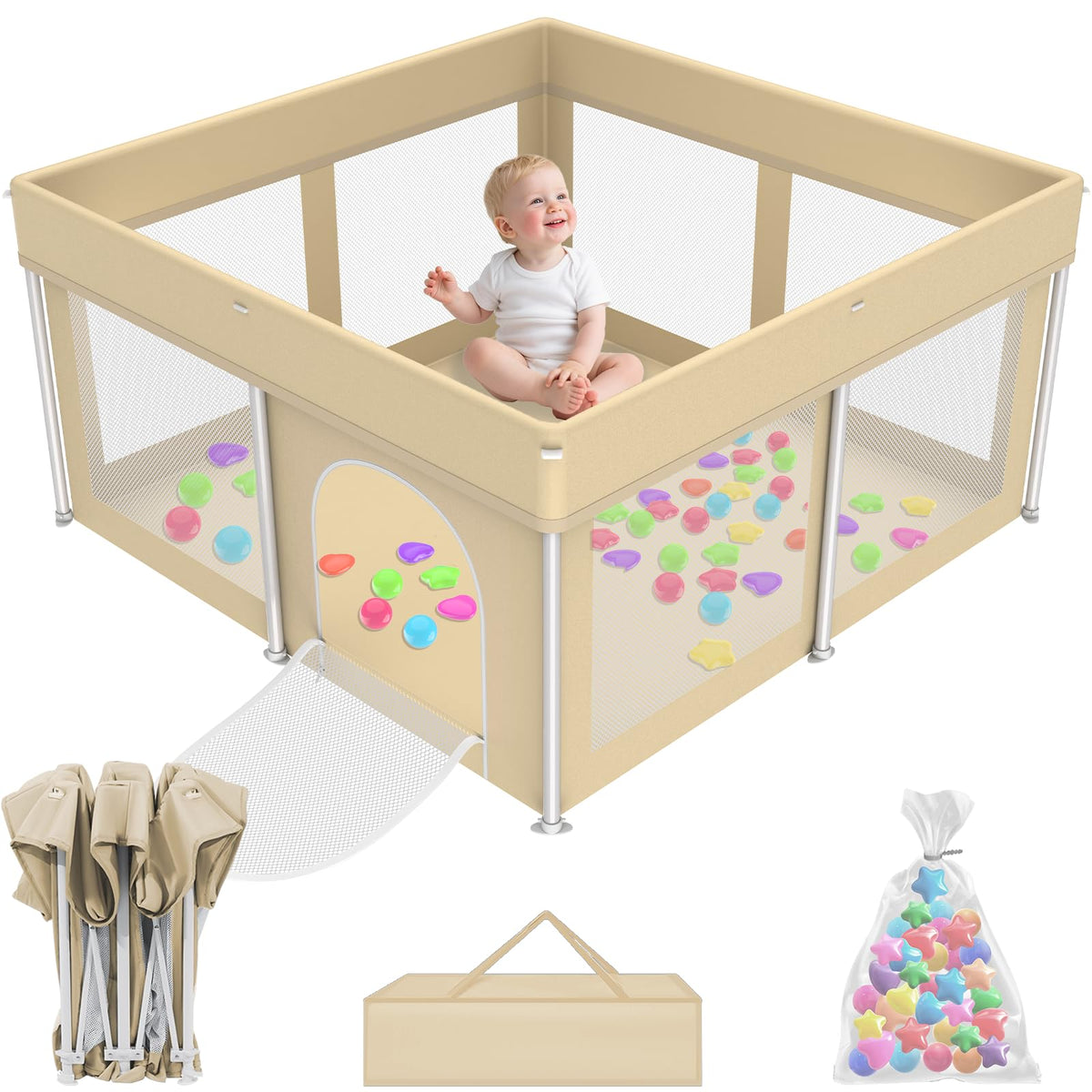 Ttottos foldable playpen beige setup enables fast assembly for busy families.