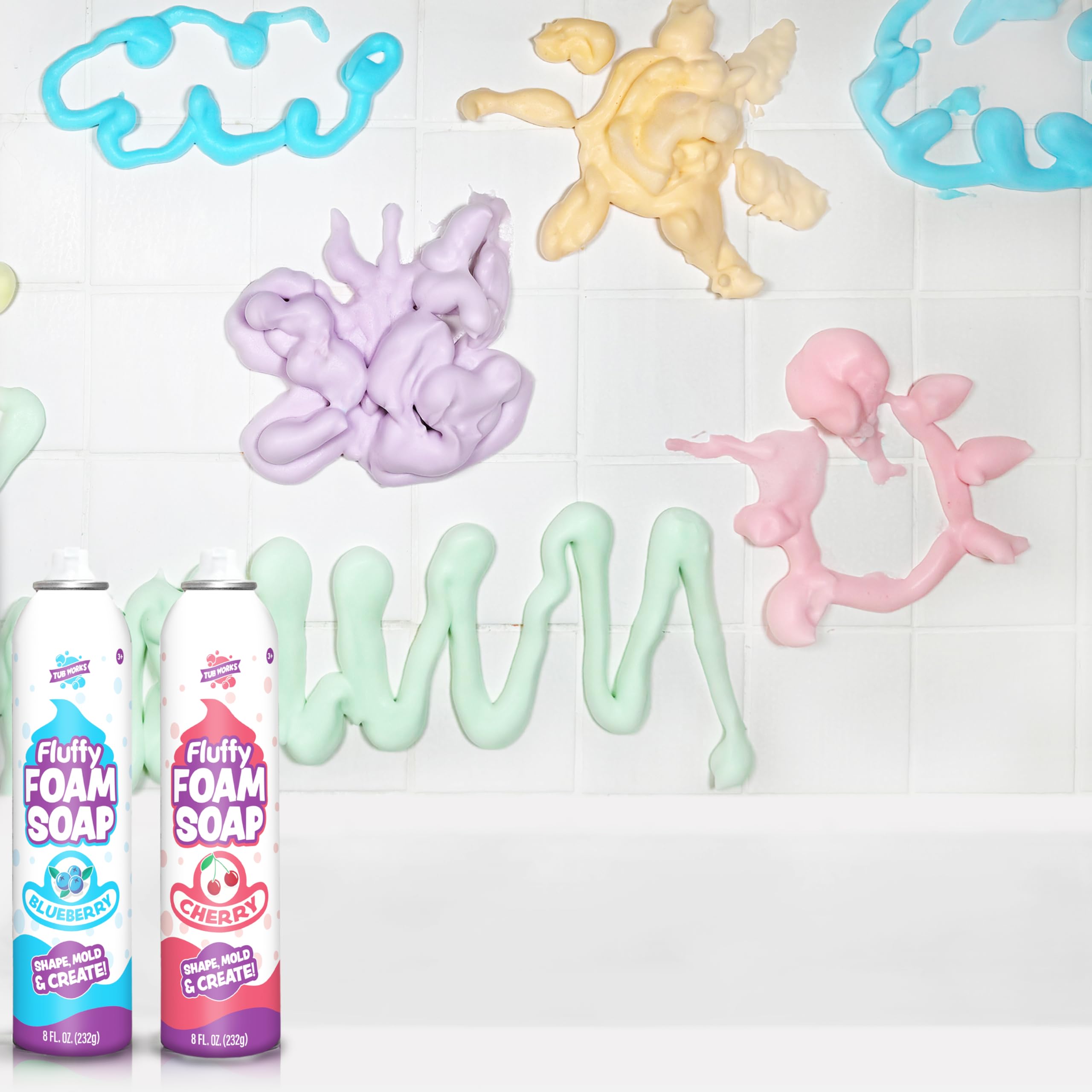 Tub Works Fluffy Foam Soap bath art scene highlights non-staining foam that rinses easily.