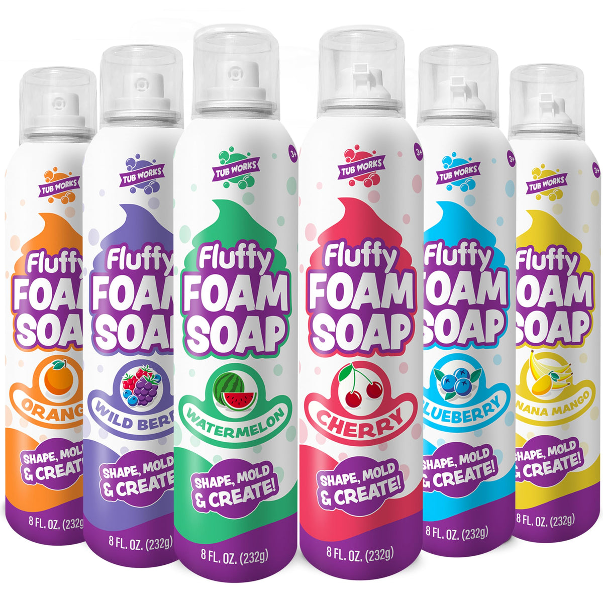 Tub Works Fluffy Foam Soap blueberry can display inviting colorful bath art and creative play.