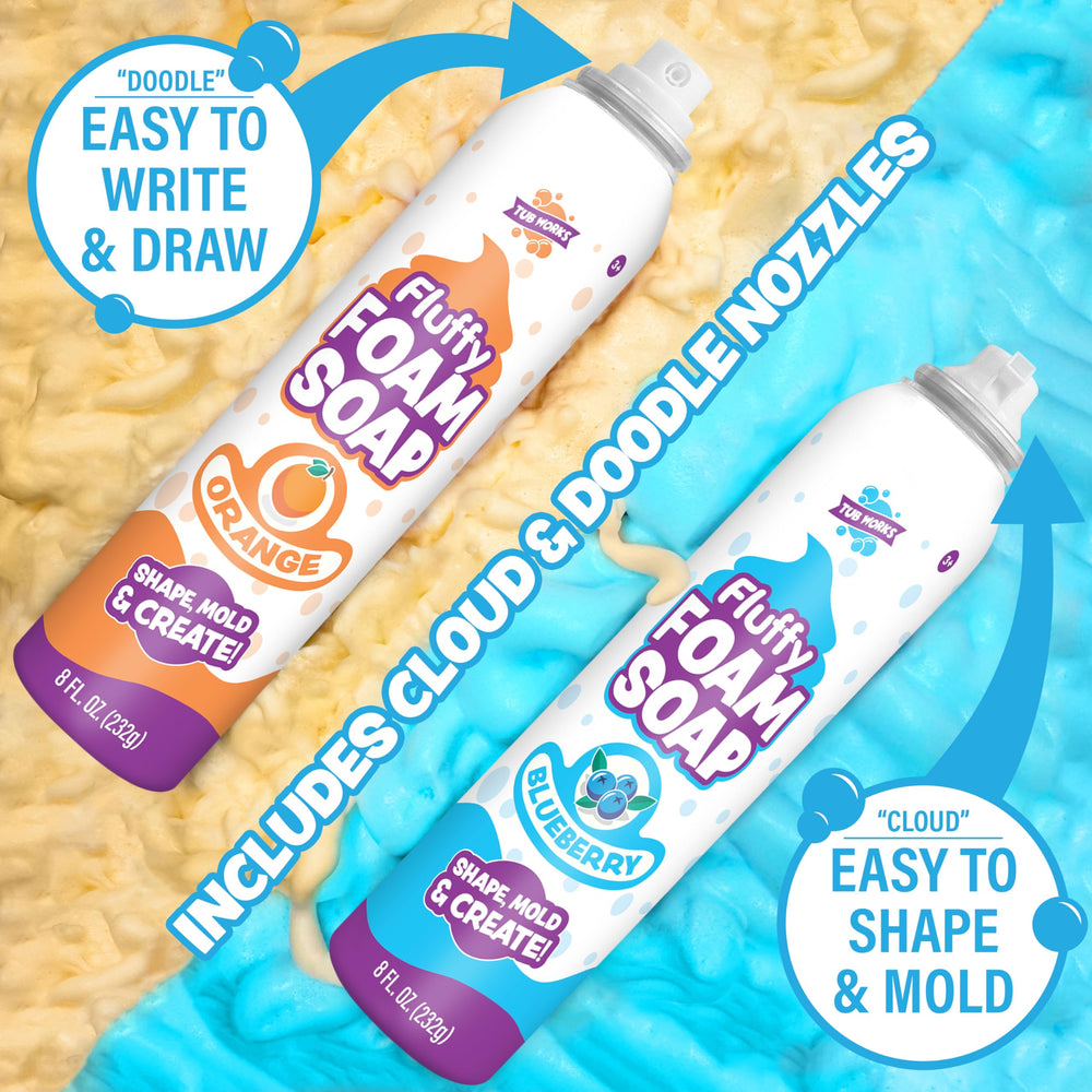 Tub Works Fluffy Foam Soap nozzle spray demonstrates easy-to-use foam for quick playtime.