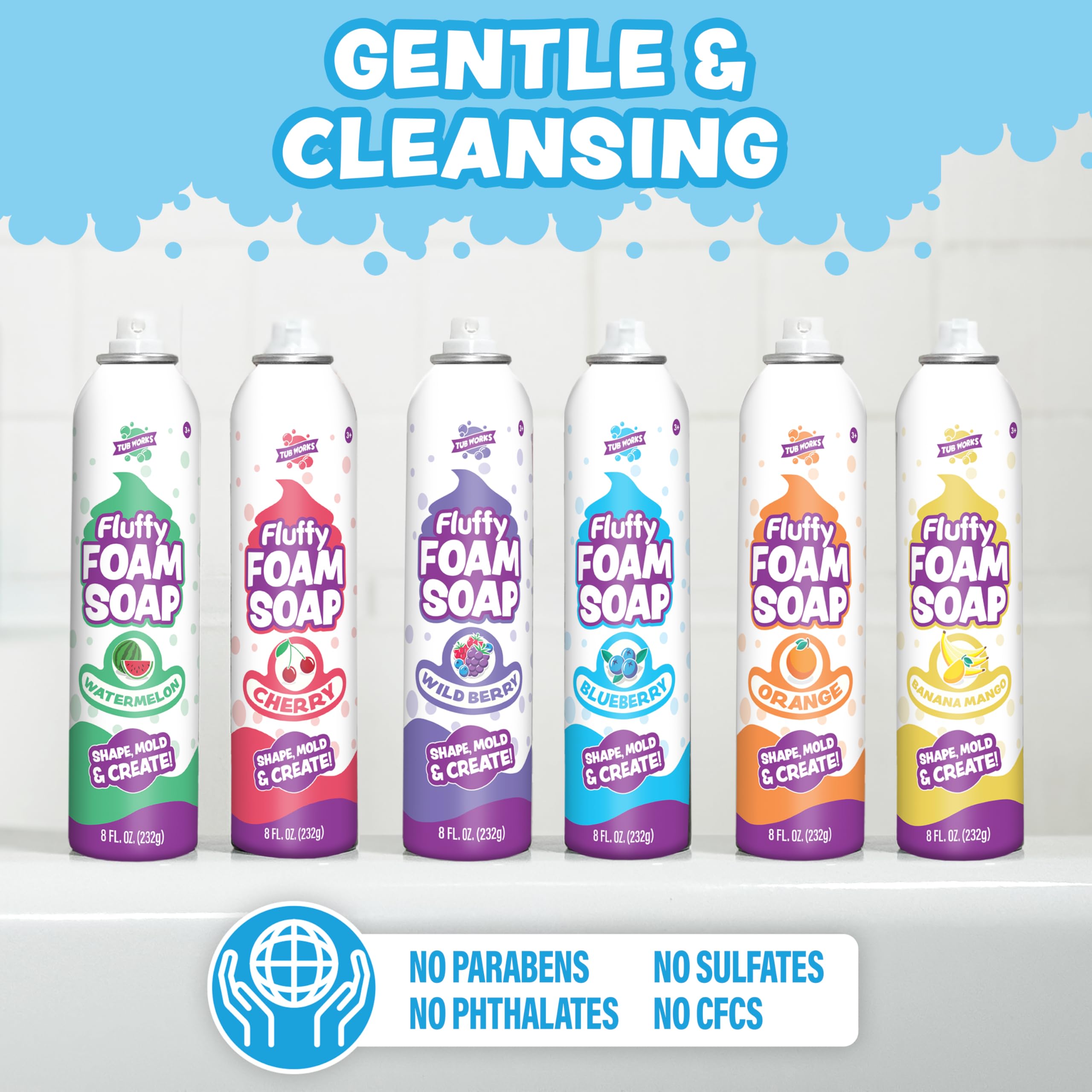 Tub Works Fluffy Foam Soap orange can delivers sunny foam for sculpting and cleansing.