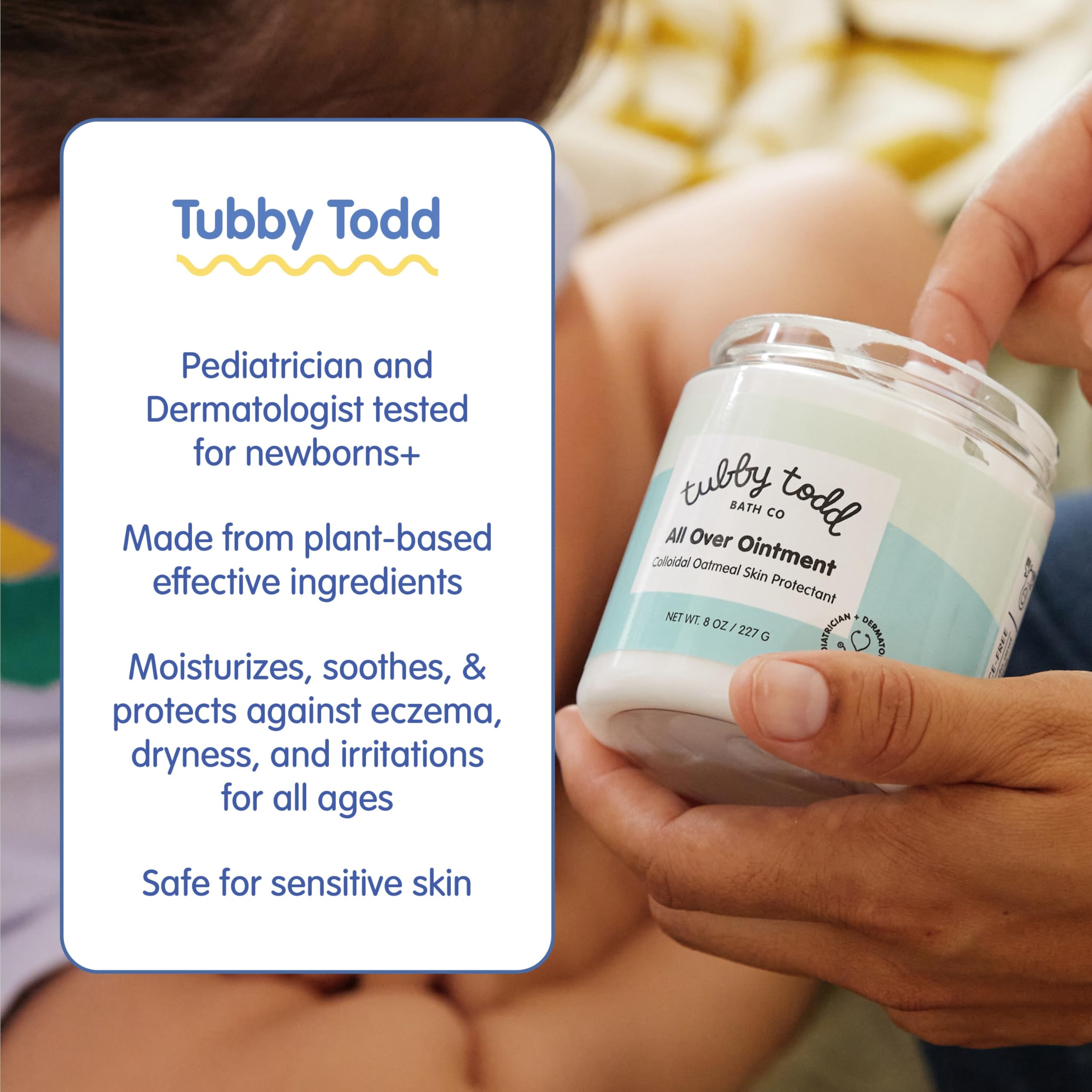 Caregiver applying Tubby Todd All Over Ointment on a baby’s arm for sensitive skin.