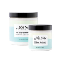 Tubby Todd All Over Ointment jar demonstrates creamy eczema relief for delicate baby skin.