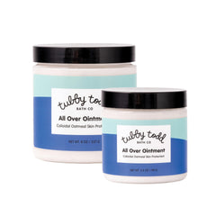 Tubby Todd All Over Ointment bottle label shows steroid-free, gluten-free baby skin relief.