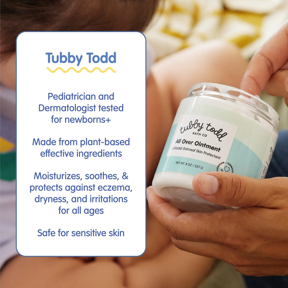 Tubby Todd All Over Ointment plays into a gentle baby skin-care ritual with plant-based hydration.