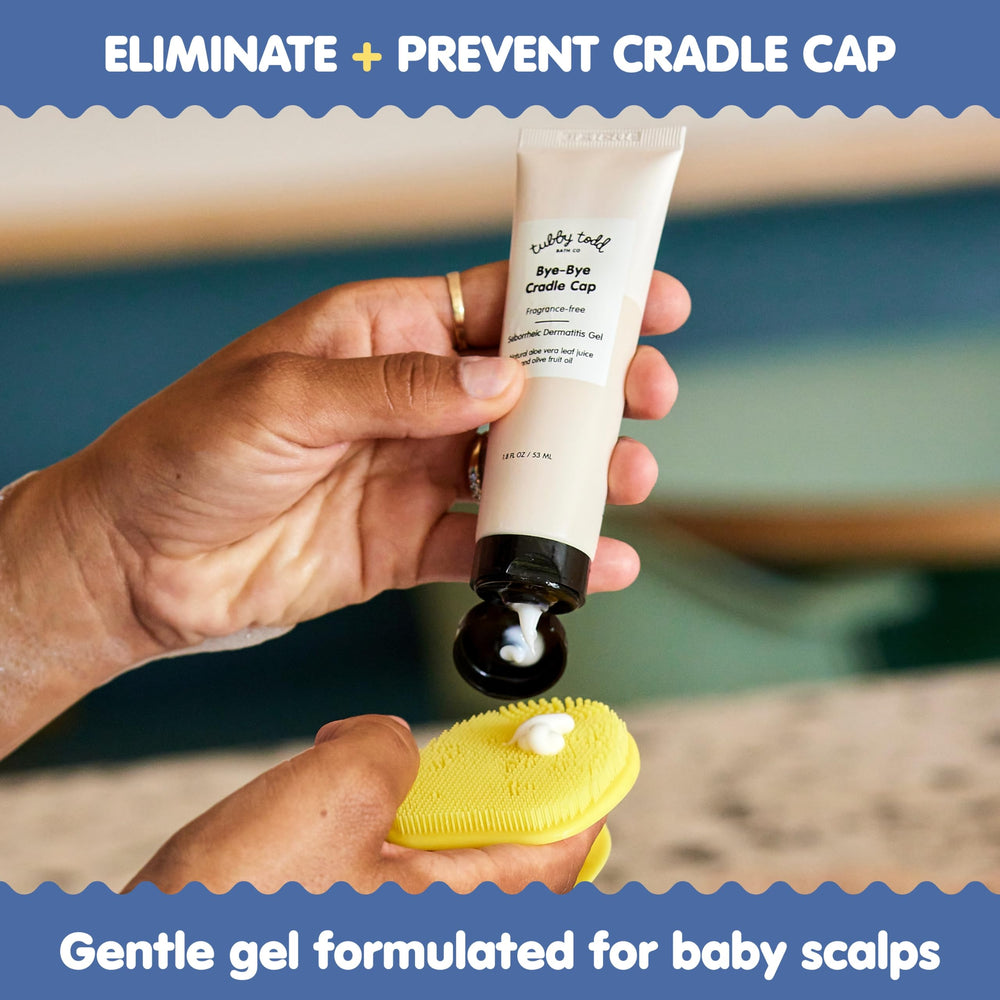 Tubby Todd cradle cap silicone brush for gentle flake removal.
