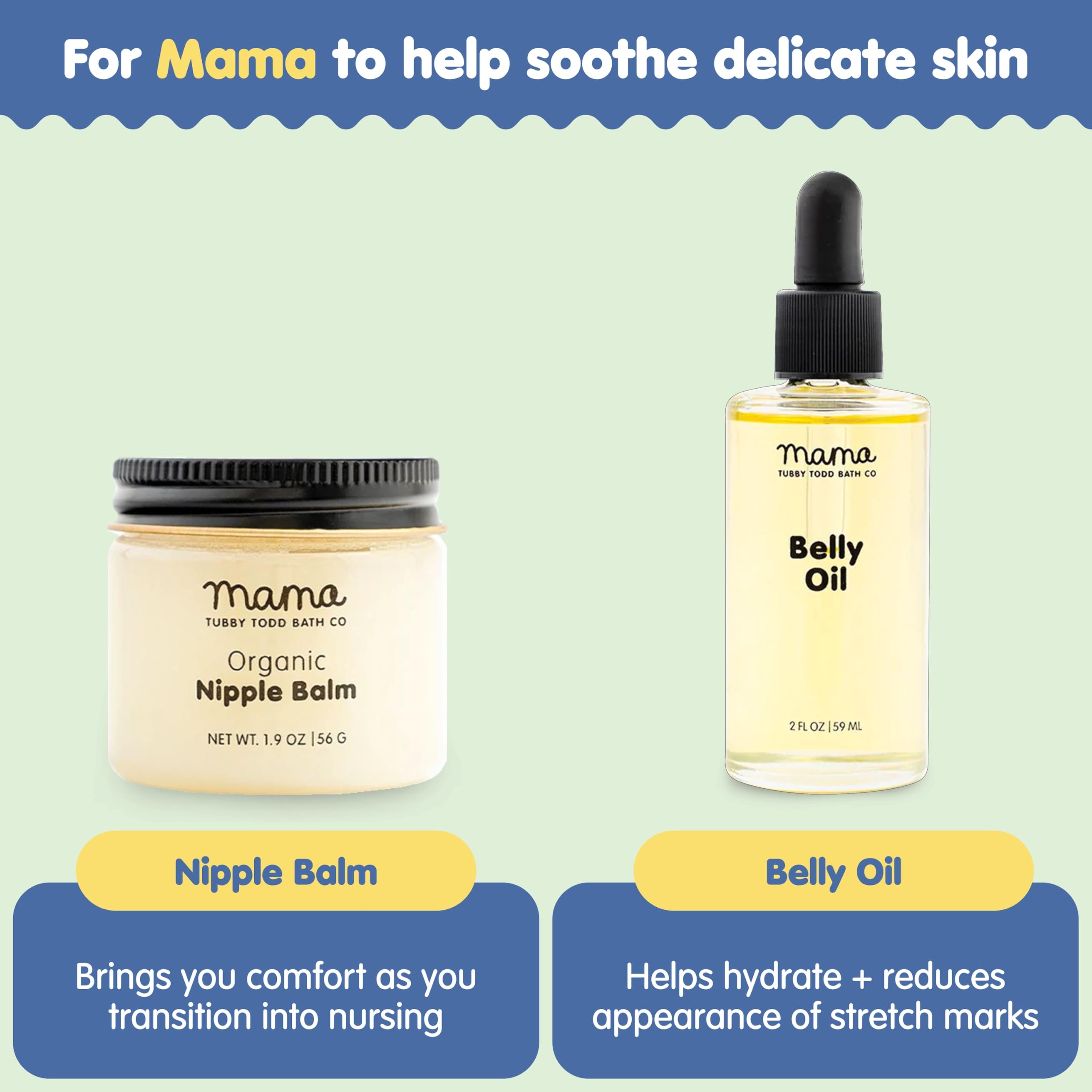 Tubby Todd Belly Oil bottle for hydrating skin during mom routine.