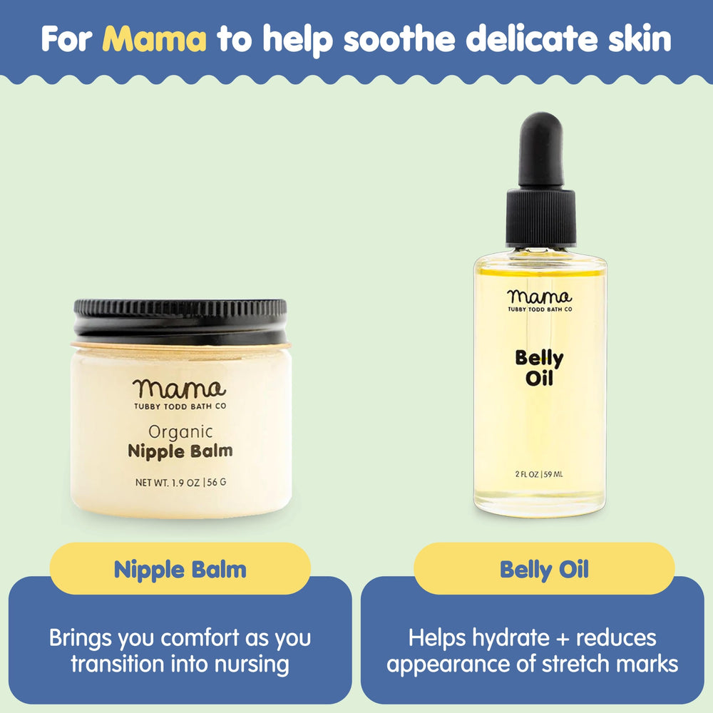 Tubby Todd Belly Oil bottle for hydrating skin during mom routine.