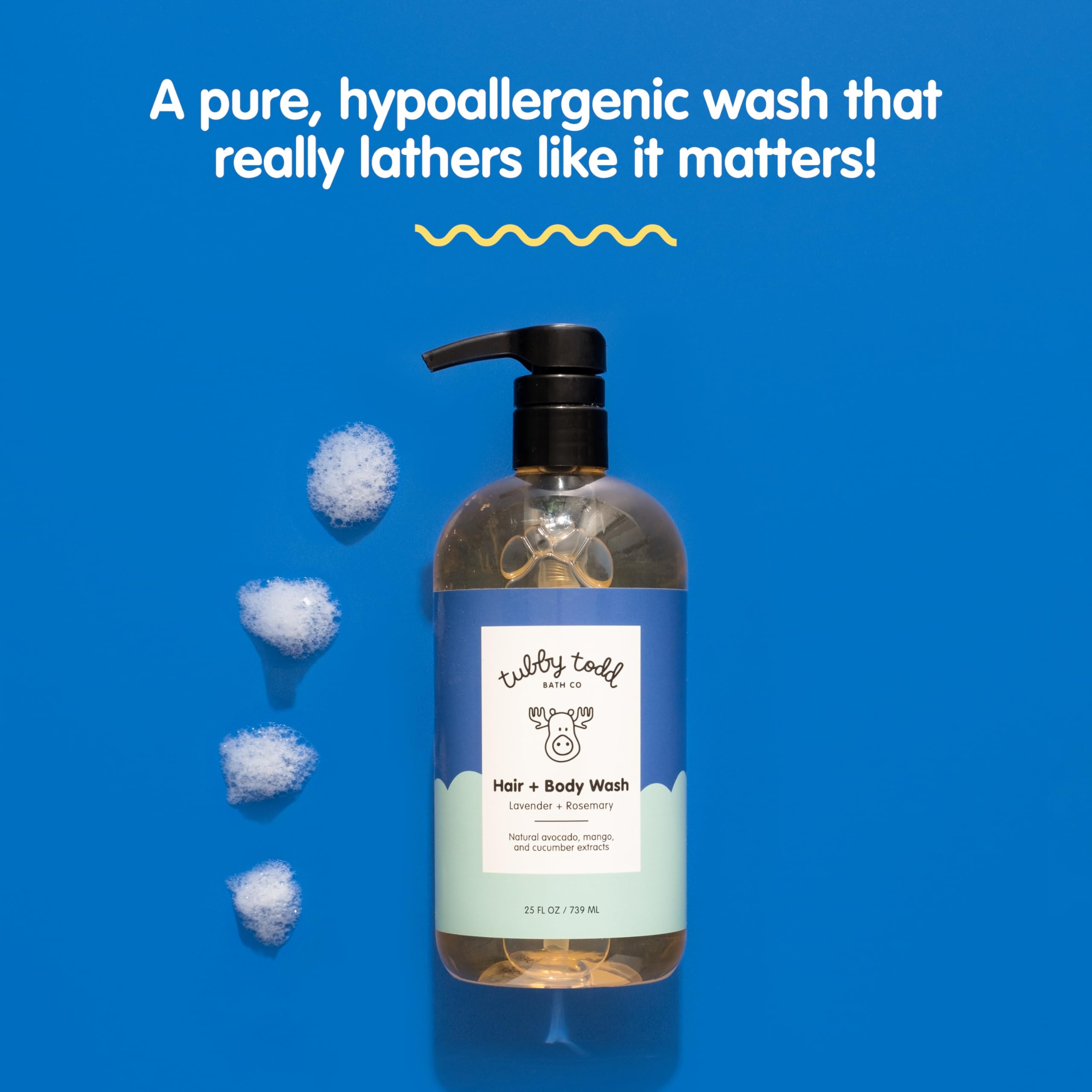 Tubby Todd Hair + Body Wash label closeup shows gluten-free and SLS/SLES-free notes.