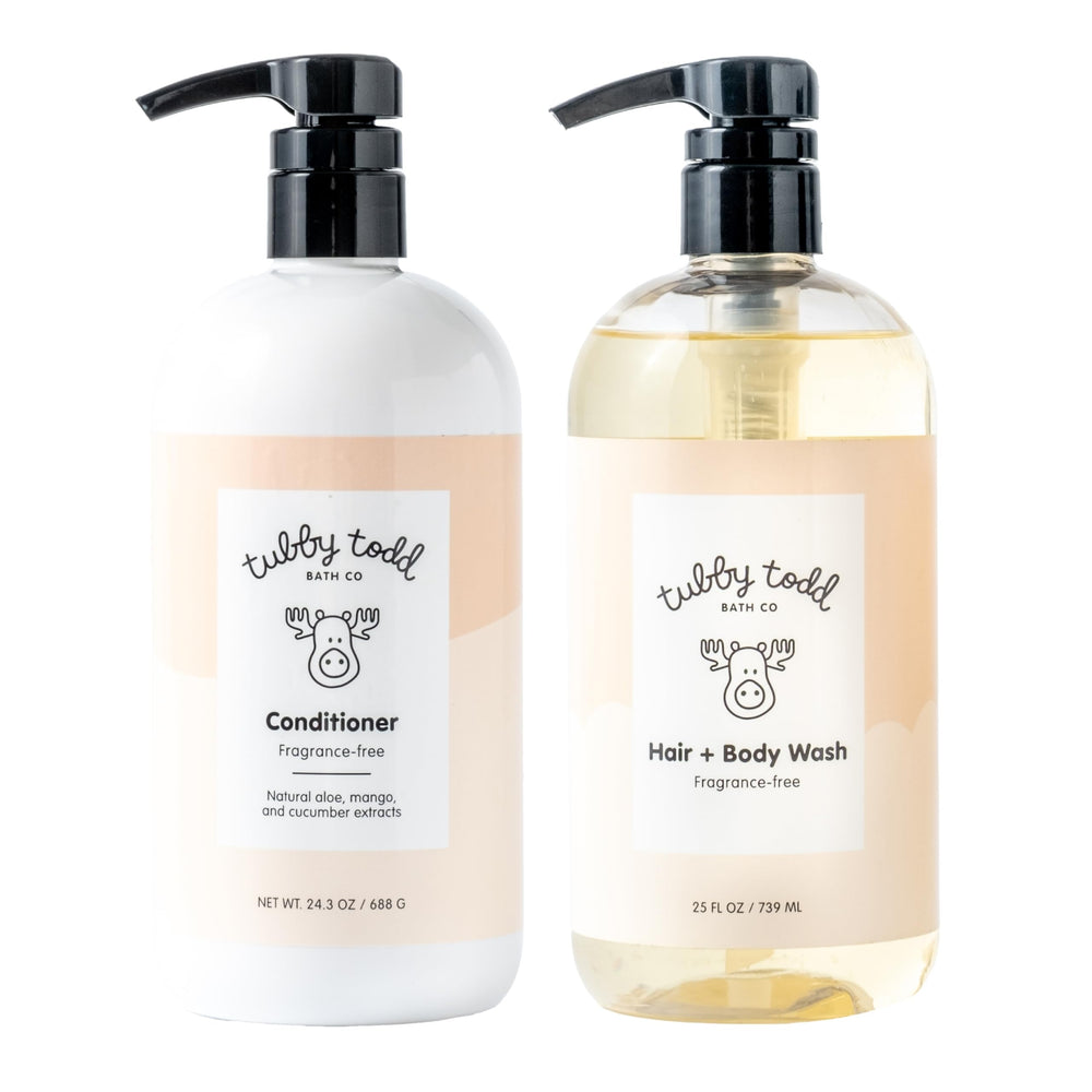 Tubby Todd Hair Duo baby shampoo bottle closeup shows gentle hypoallergenic cleansing