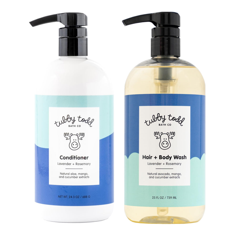 Tubby Todd Hair Duo bottle lavender-rosemary for gentle cleansing.