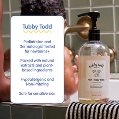 Tubby Todd Hair Duo kids bath scene shows hypoallergenic care.
