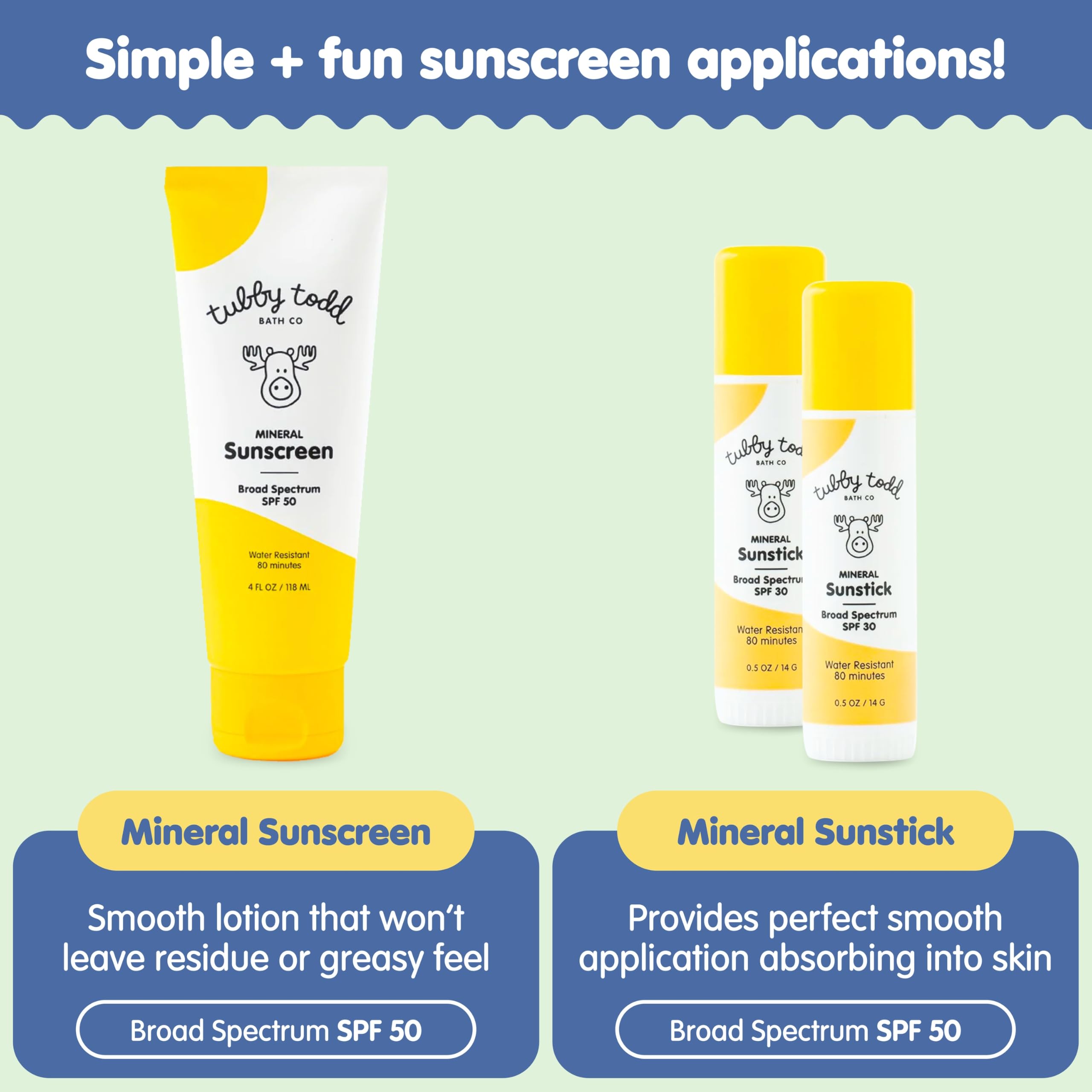 Tubby Todd sunscreen bottle closeup—smooth rub-in texture for skin
