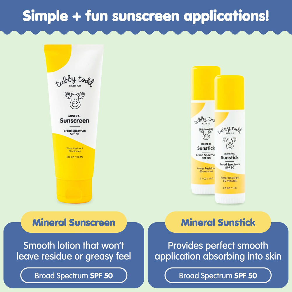 Tubby Todd sunscreen bottle closeup—smooth rub-in texture for skin