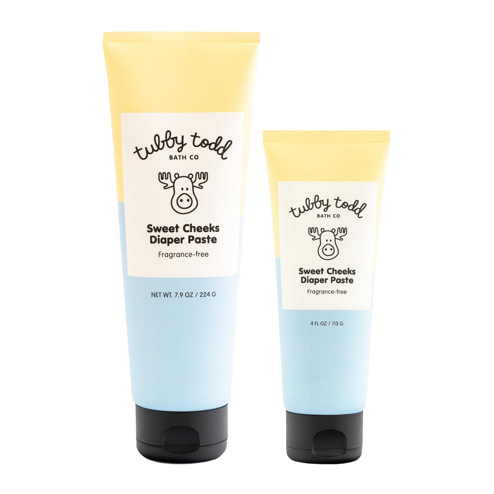 Tubby Todd Sweet Cheeks Diaper Paste bottle shows 4oz size with zinc oxide protection for sensitive skin