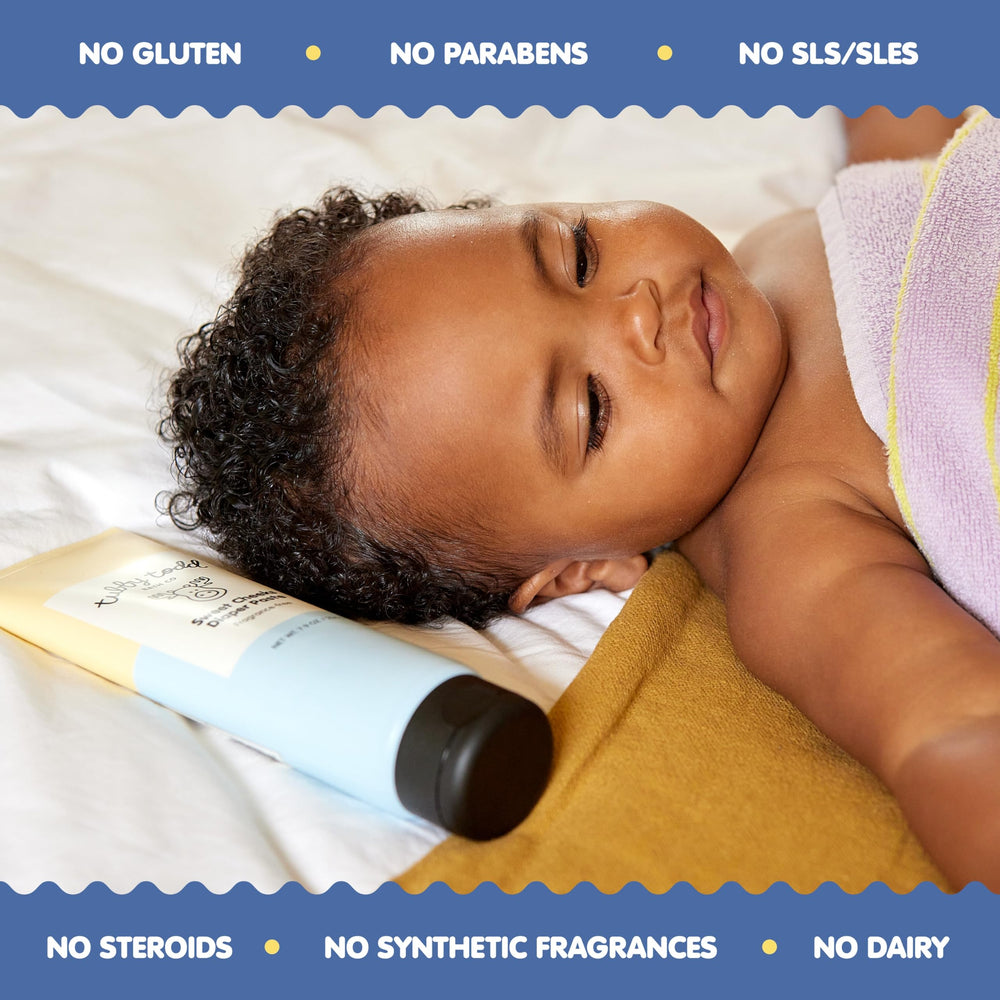 Tubby Todd Sweet Cheeks Diaper Paste application during diaper change demonstrates barrier protection concept