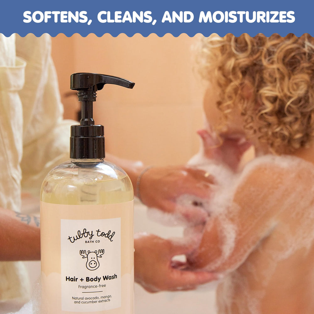 Tubby Todd Hair and Body Wash lavender-rosemary bottle close-up shows foamy lather for bath time.
