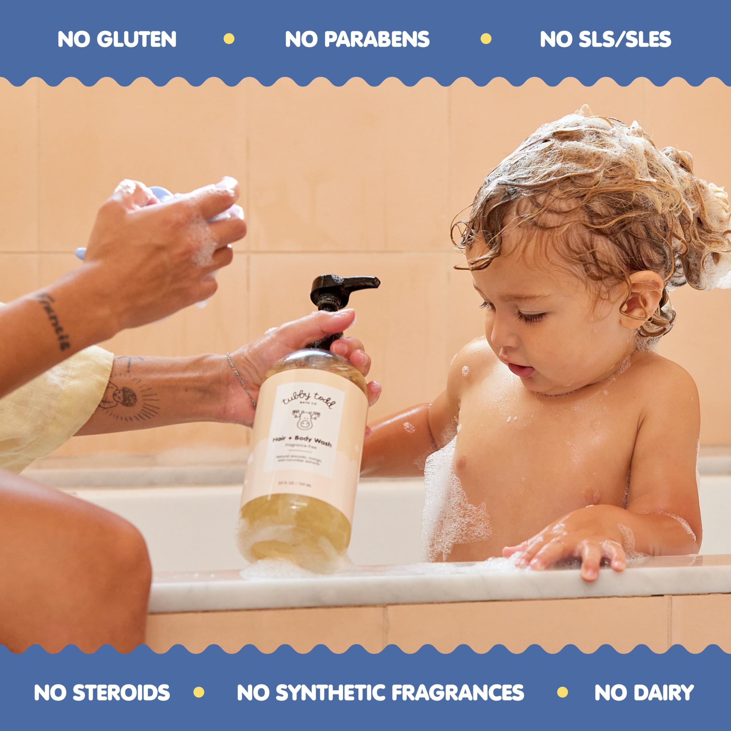 Tubby Todd Hair and Body Wash little-one-bath-time scene illustrates easy two-in-one cleansing.