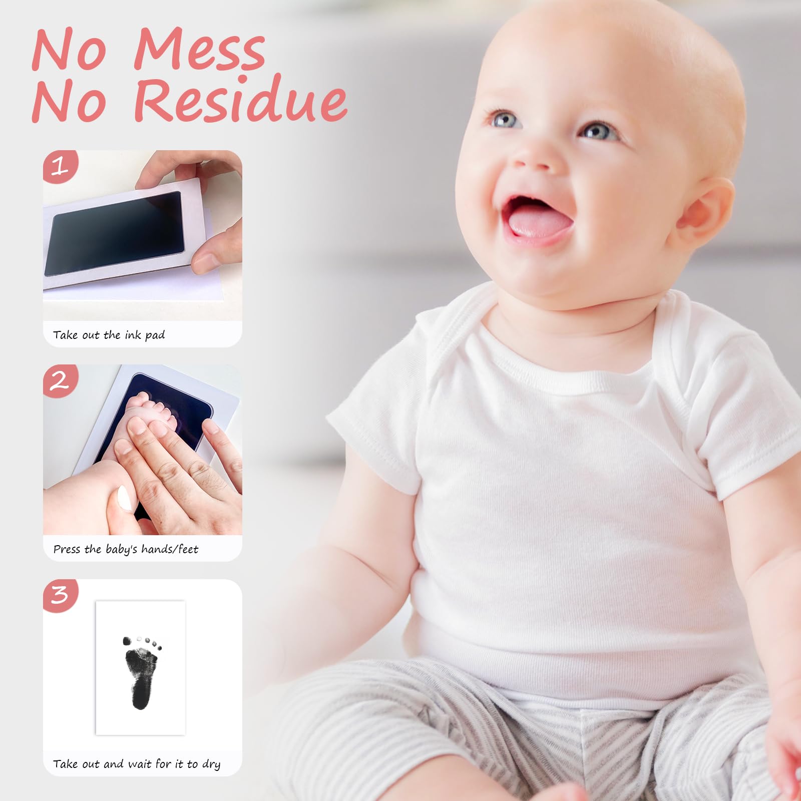 Tubuui baby footprint kit shows inkless pad and clear print window.