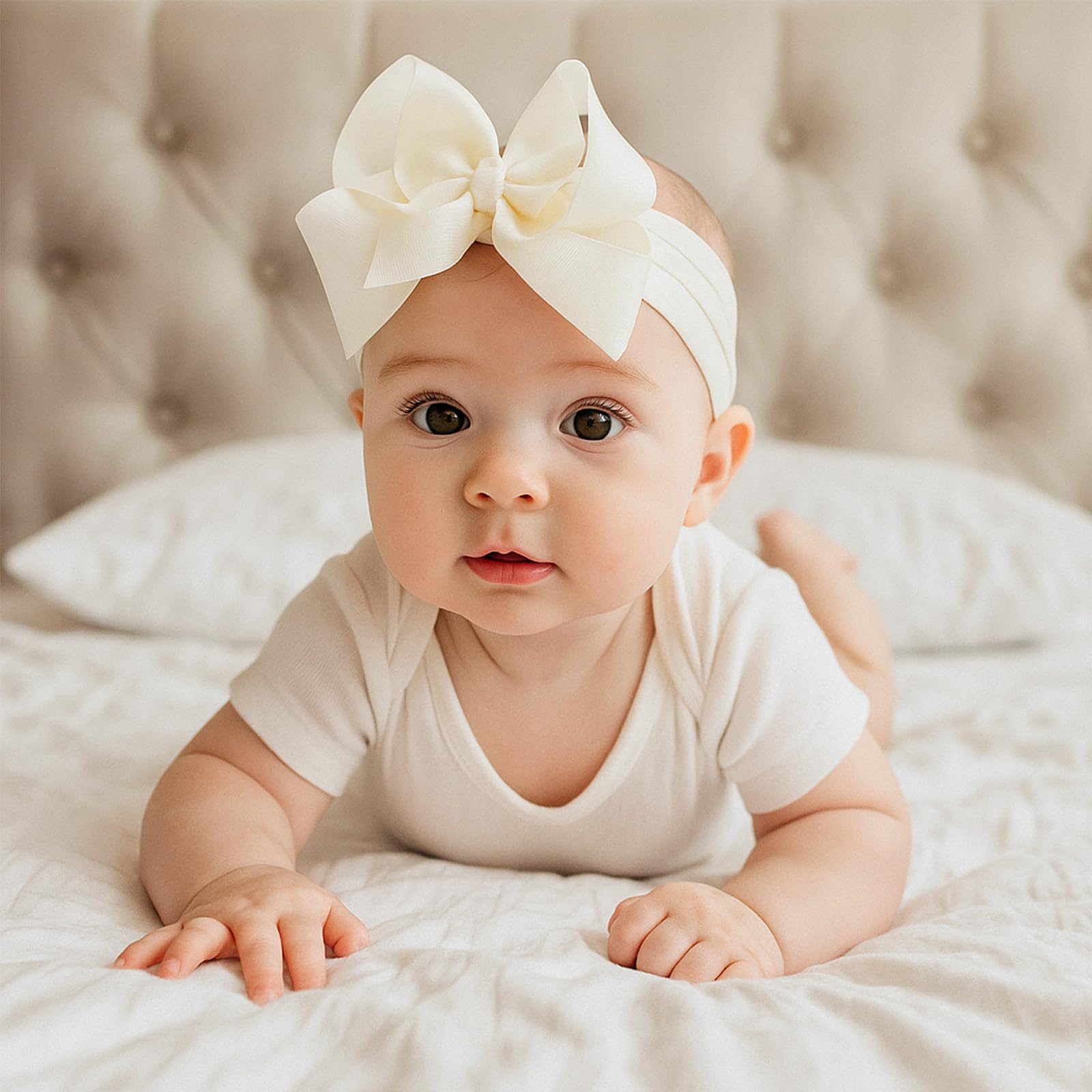 Tucnoeu baby headbands on infant demonstrating gentle, all-day wear