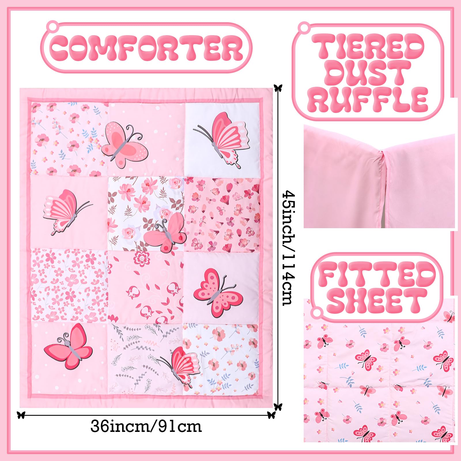 Tudomro butterfly crib bedding fitted sheet pink, snug elastic fit for mattress.