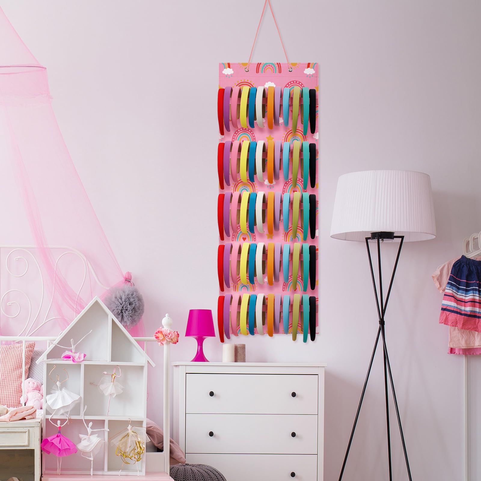 Tudomro felt headband organizer in pink adds charming decor while organizing accessories.