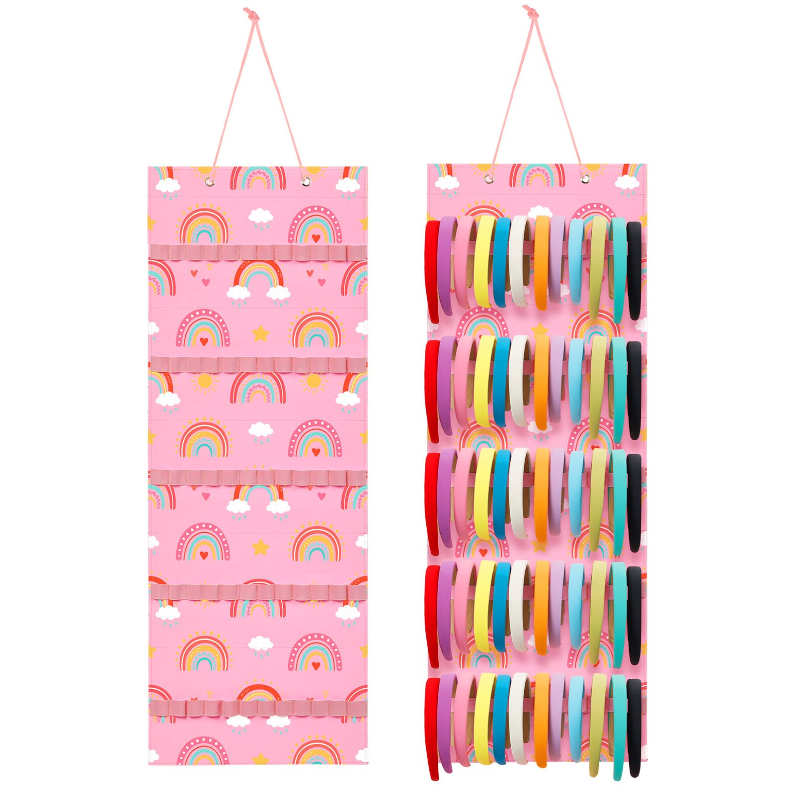 Tudomro hanging headband holder pink front view shows 60 elastic bands for organized bows.