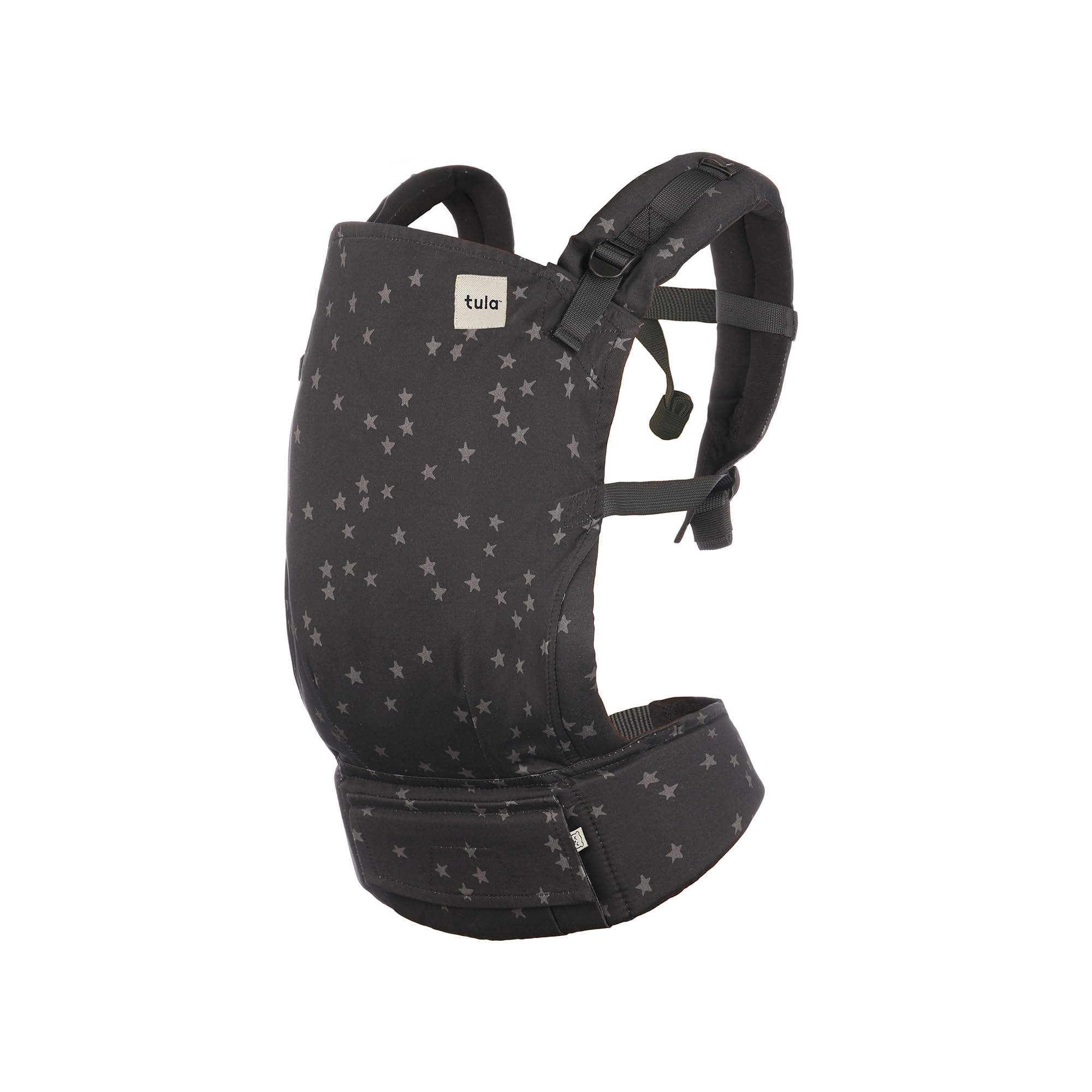 Tula Baby Linen Carrier front view showing ergonomic support for growing toddlers