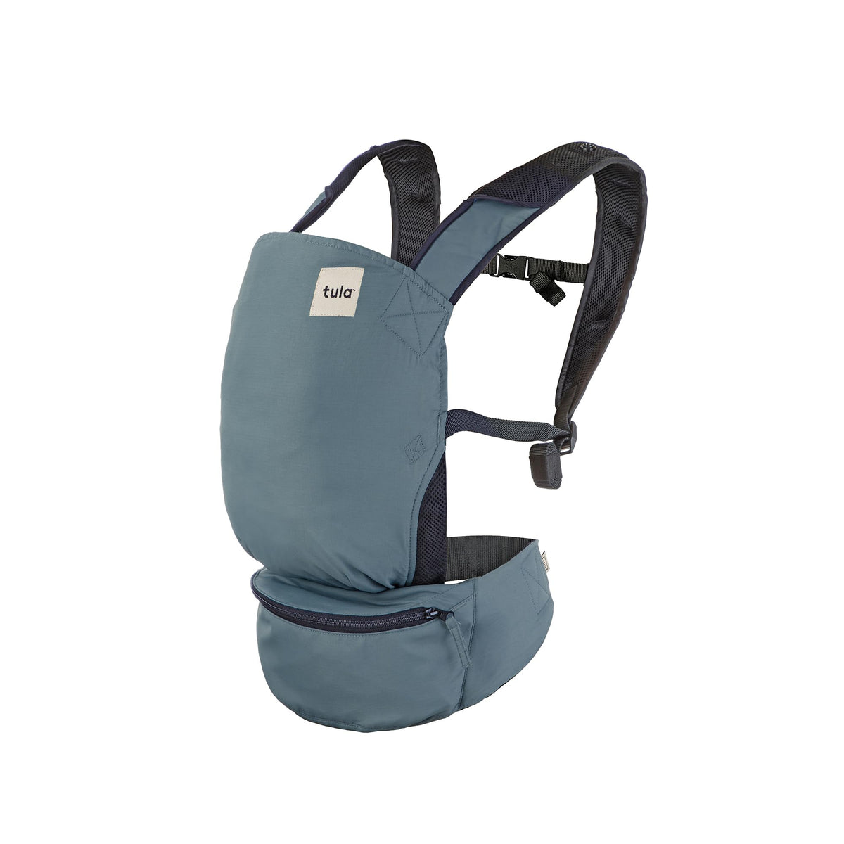 Tula Baby Lite front view in slate blue showing compact ergonomic carrier.