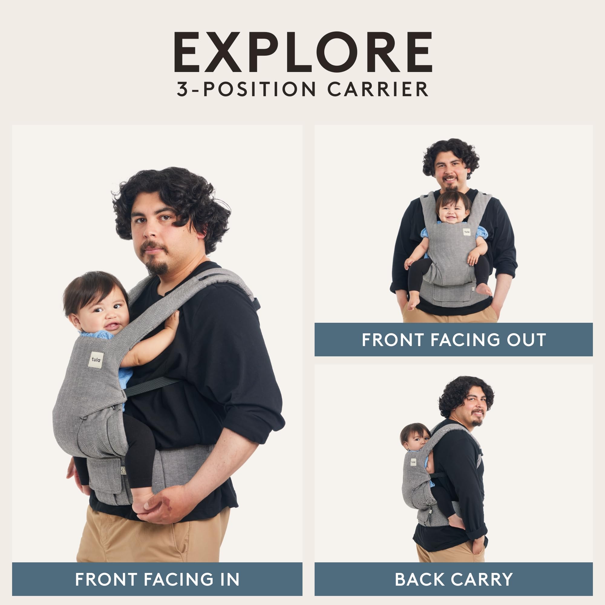 Tula Explore back carry demonstrates ergonomic, hands-free versatility.