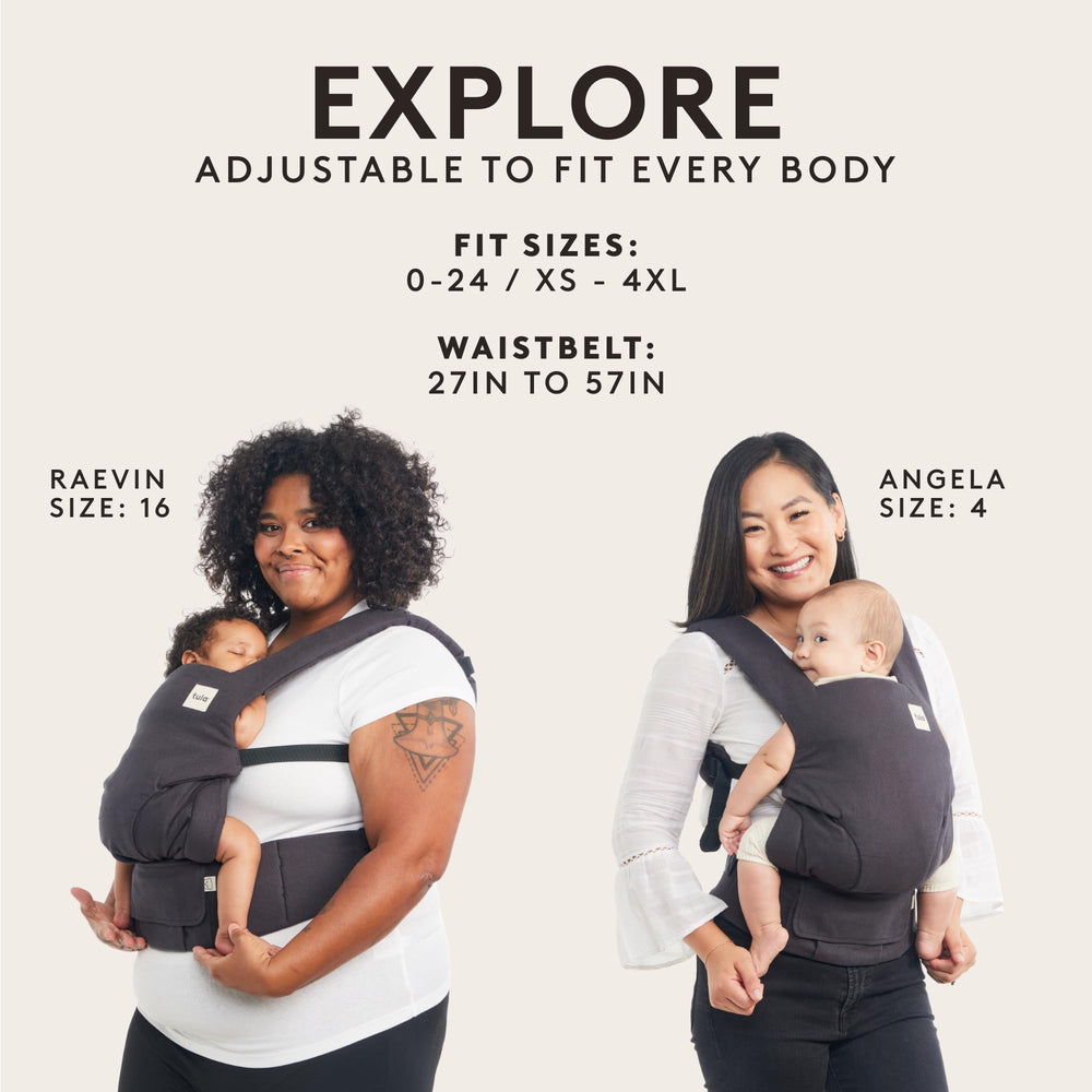 Tula Explore adjustable-fit ash linen carrier offers flexible sizing for caregivers.