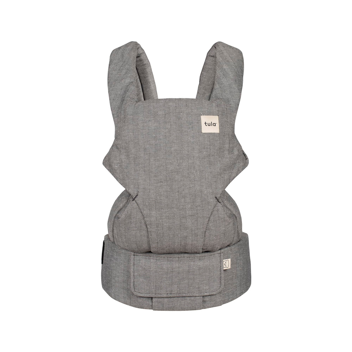 Tula Explore carrier in ash linen for front carry provides ergonomic support on the go.