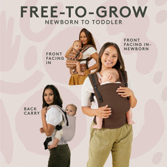 Tula front-facing ergonomic carry demonstrates adjustable ergonomic positions.
