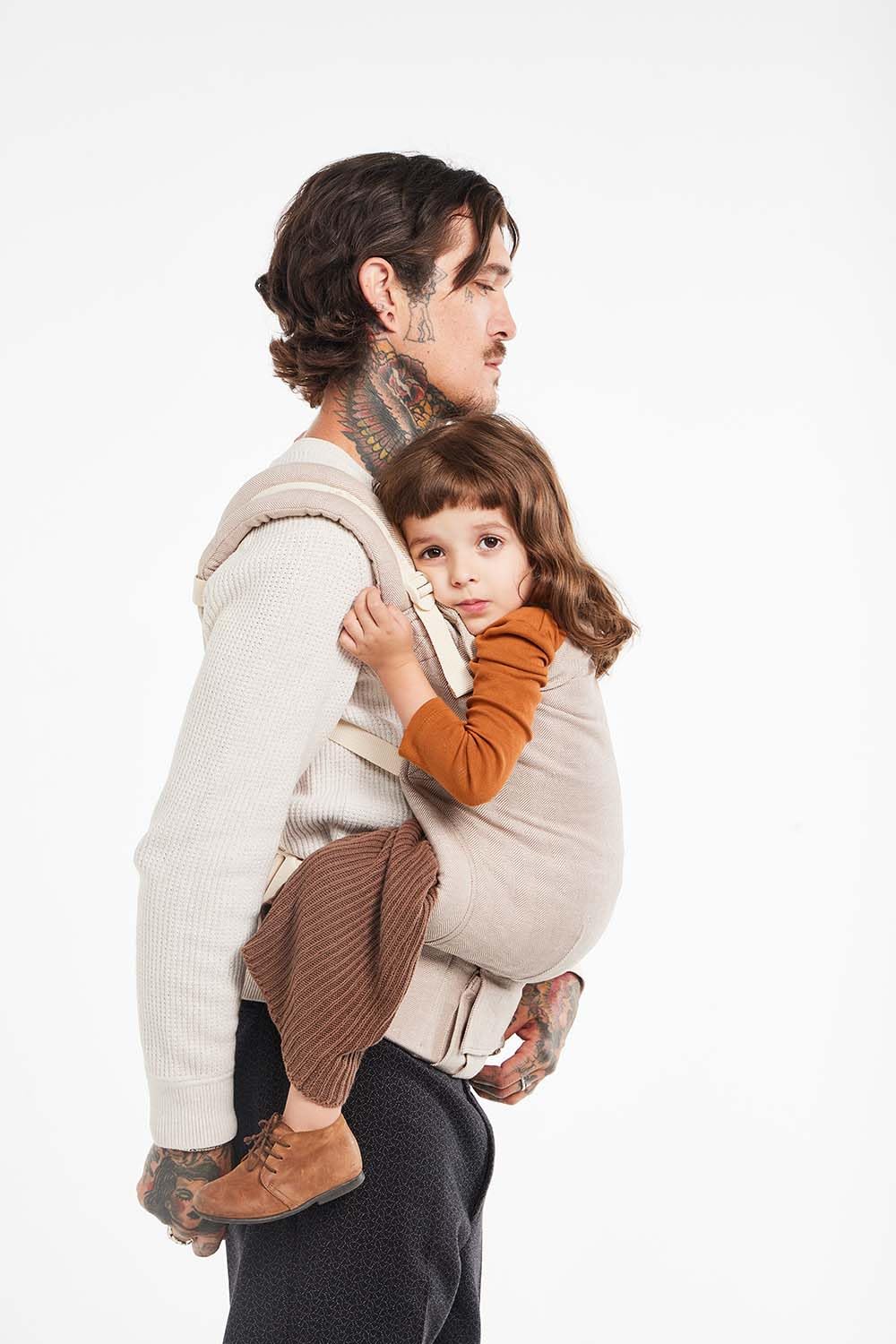 Tula Linen toddler carrier fabric closeup highlighting hypoallergenic plant-based material.