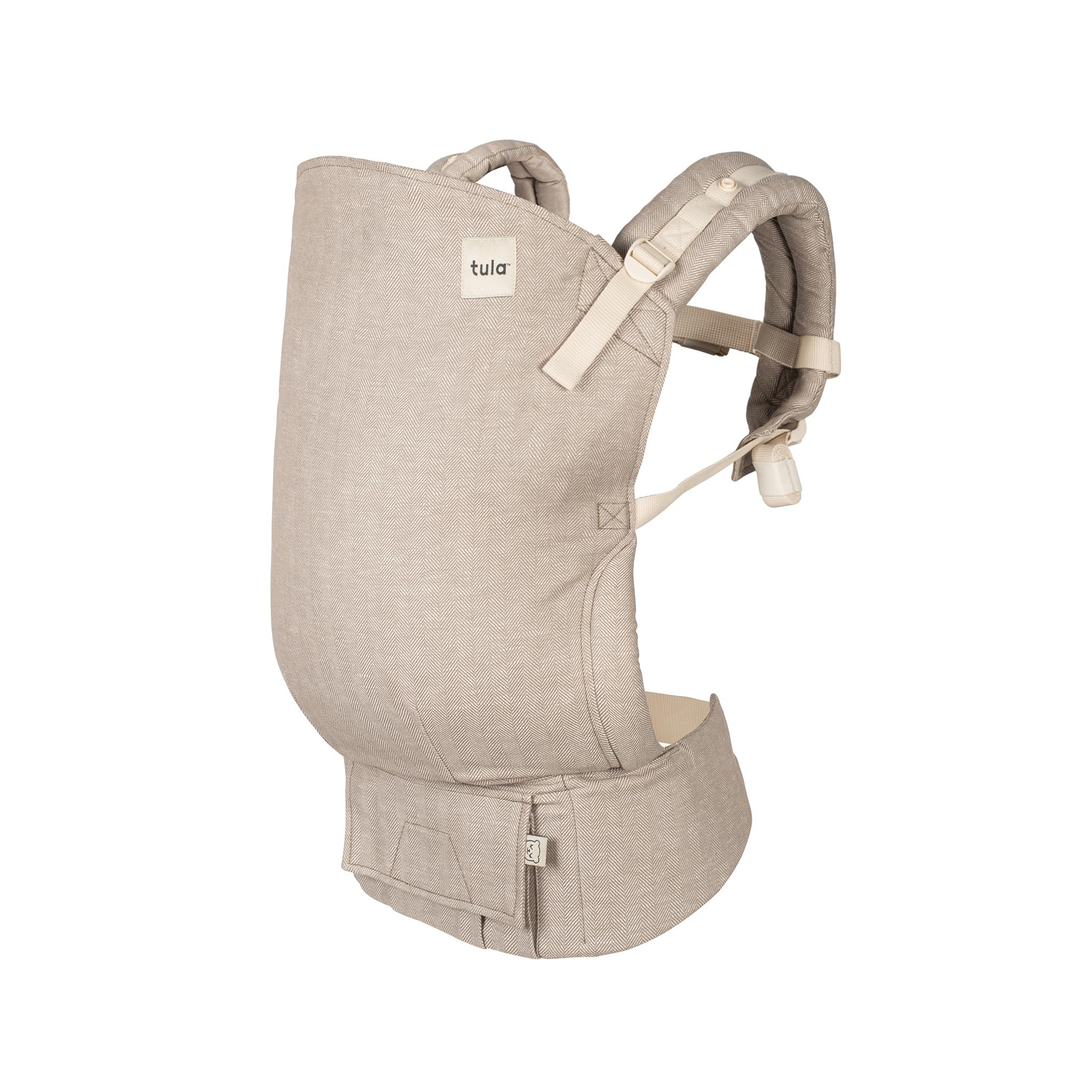 Tula Linen toddler carrier front carry demonstrates ergonomic support for growing children.