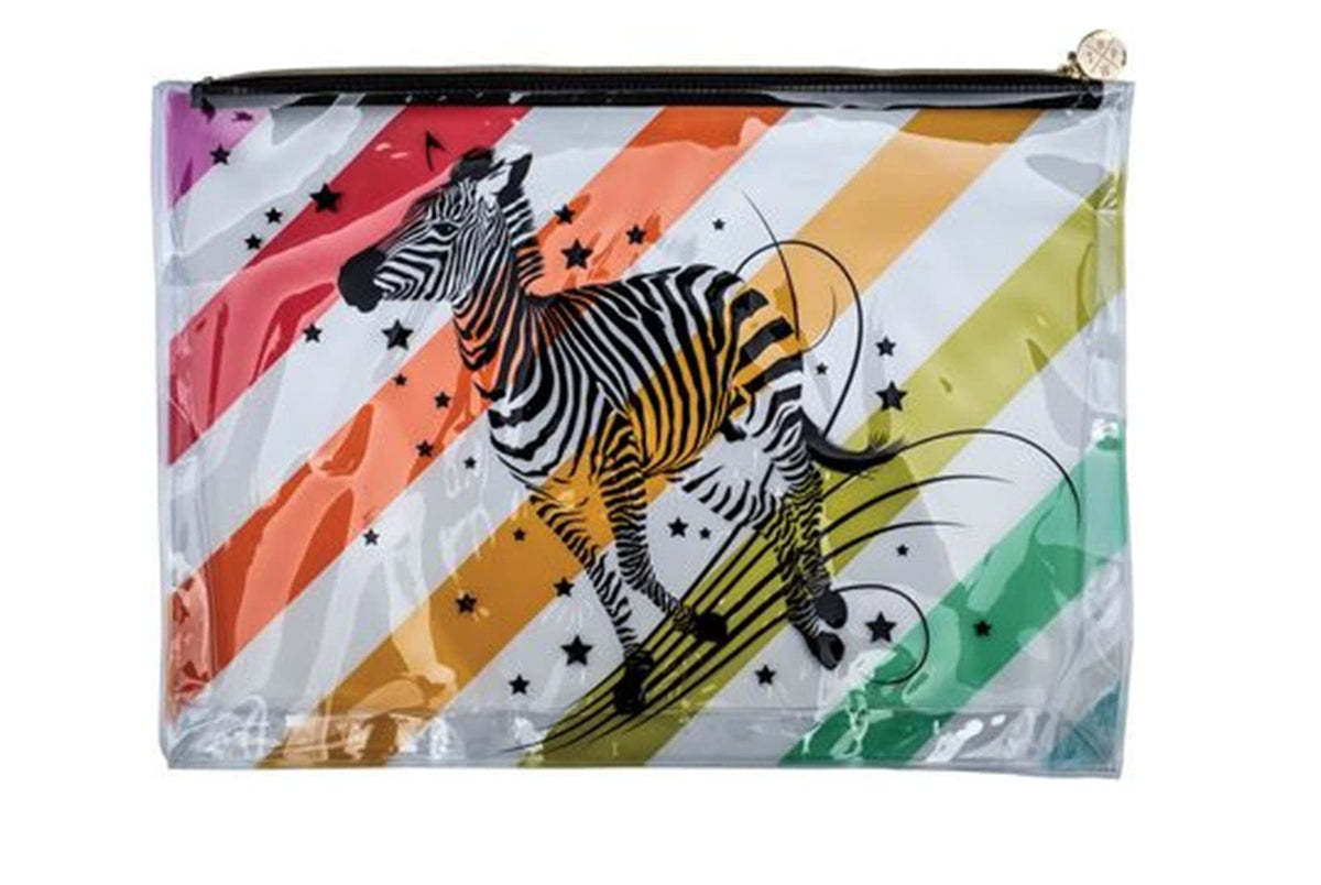 Tula Pink Zebra Read Between The Lines Large Bag front panel clear for quick access to essentials.