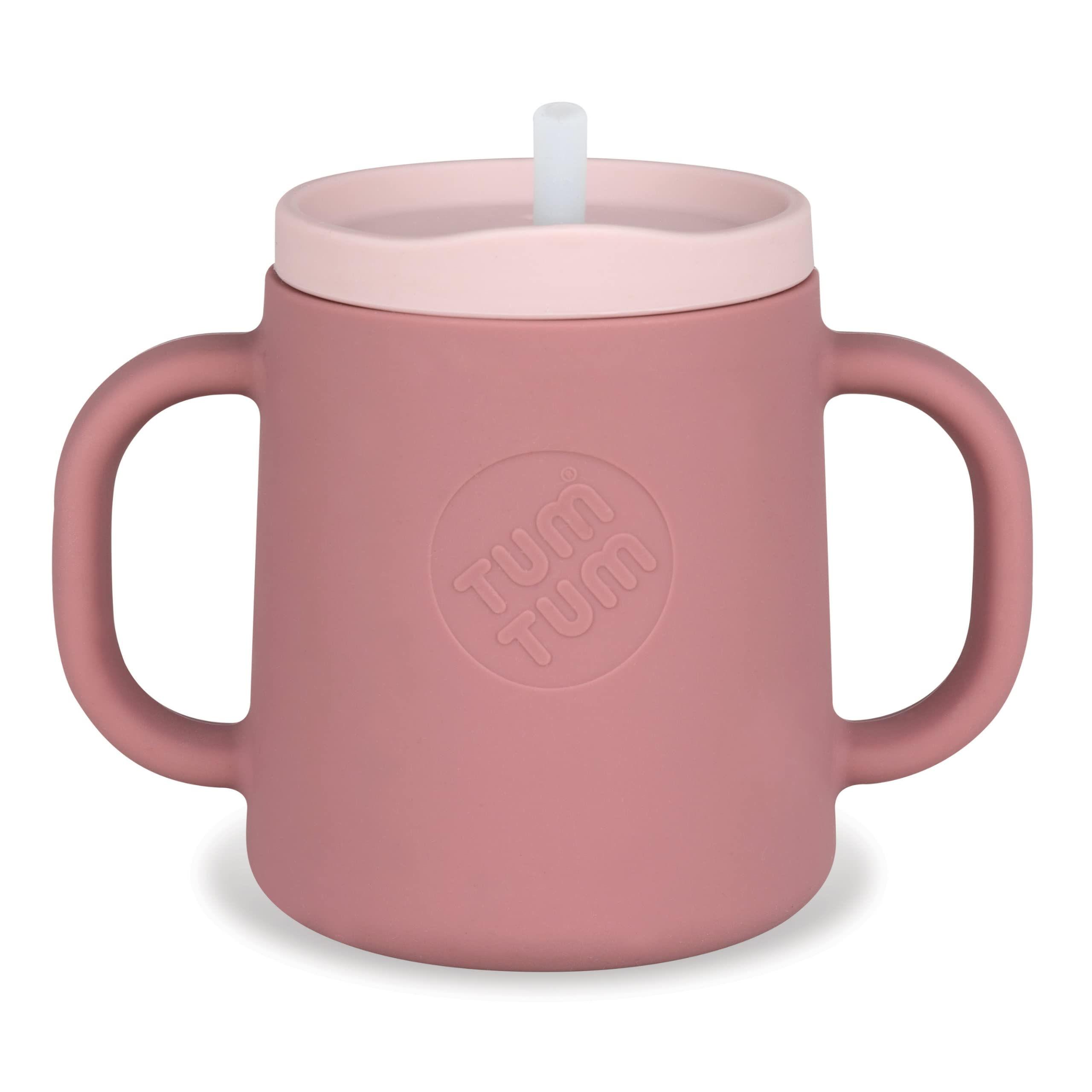 TUM TUM pink 3-way trainer cup front view with stable base for mess-free feeding.