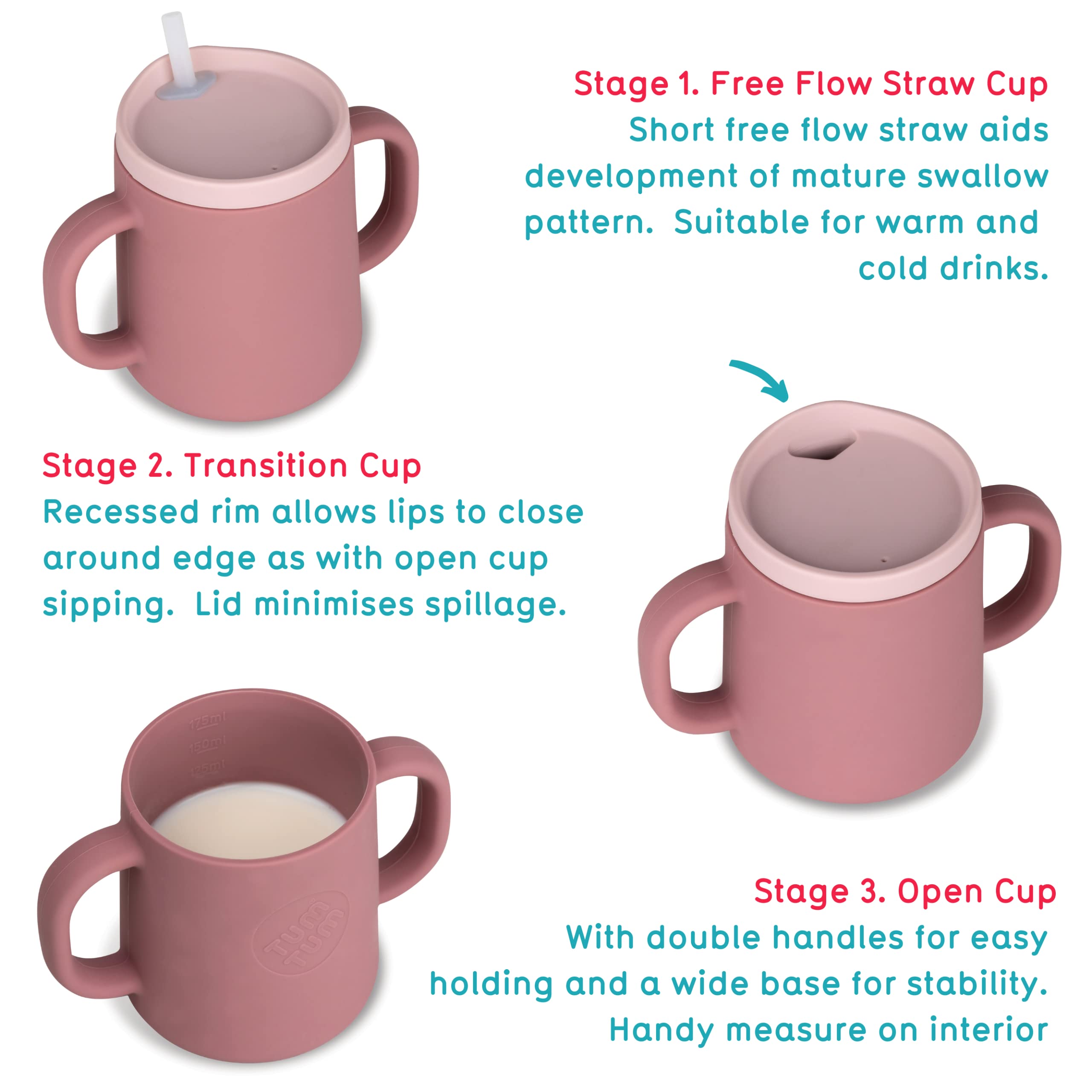 TUM TUM pink cup with handles for easy grip and self-feeding practice.